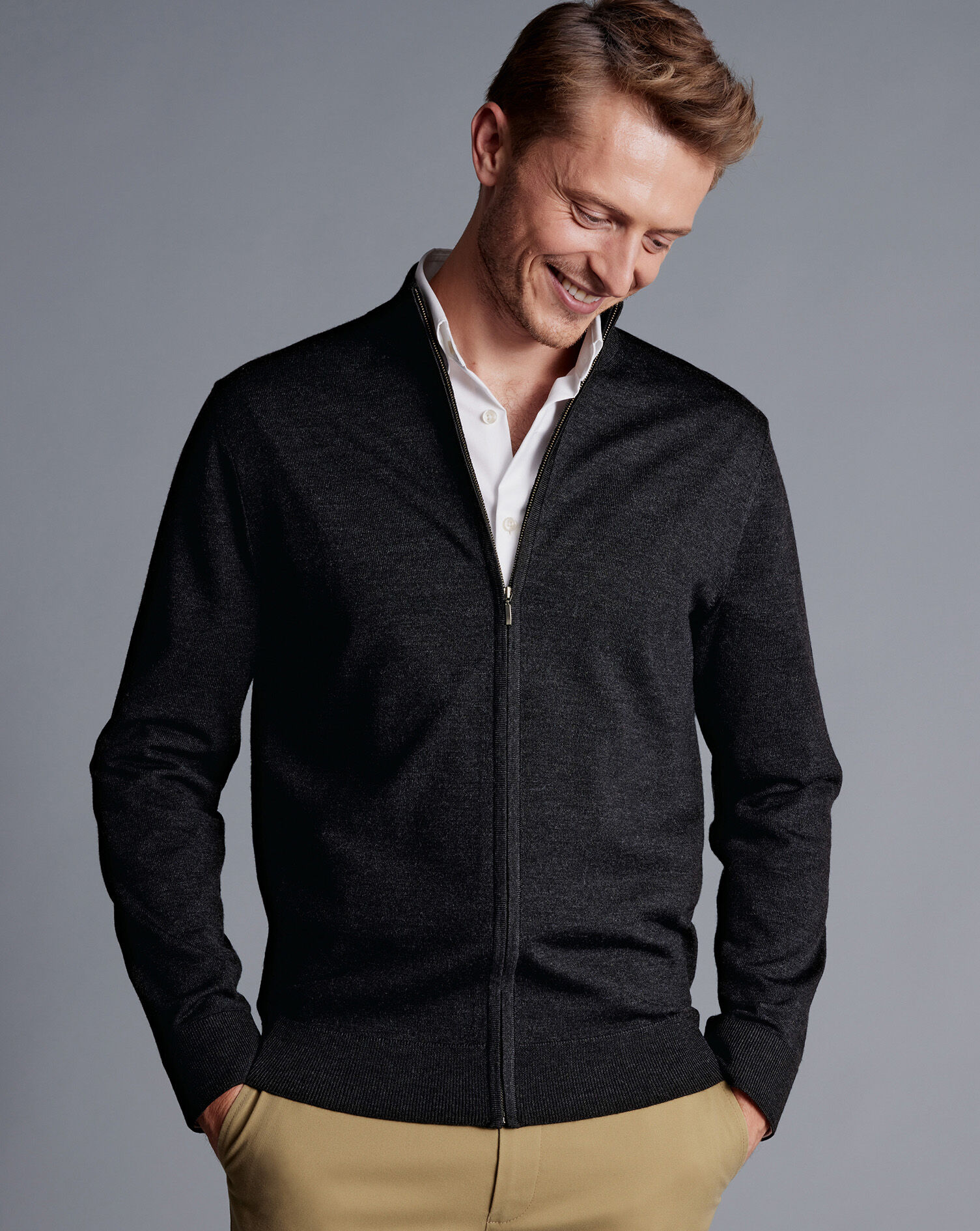 Pure Merino Full Zip-Through Cardigan - Charcoal Grey