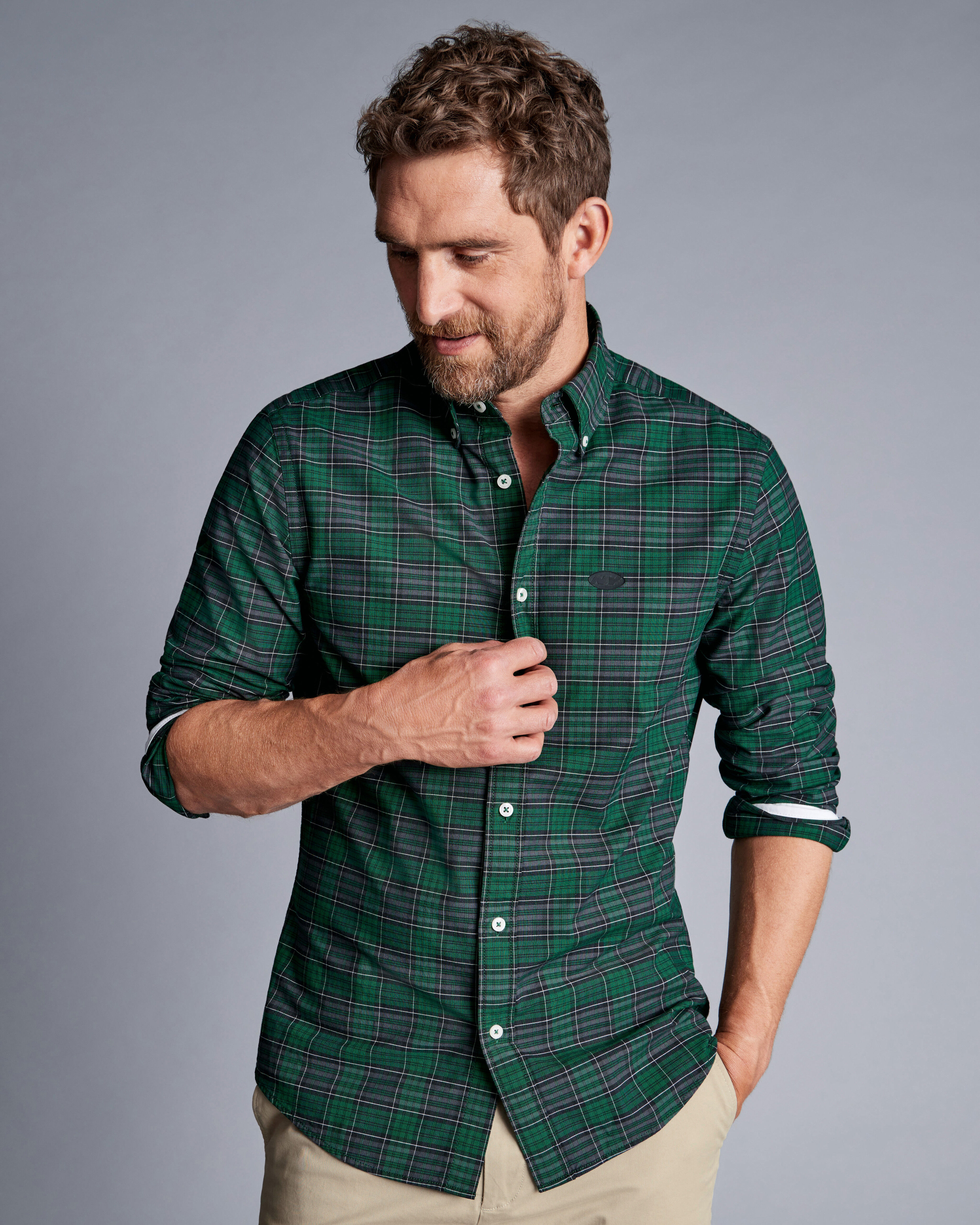 New York Jets Button-Down Collar Washed Oxford Check Shirt - Green