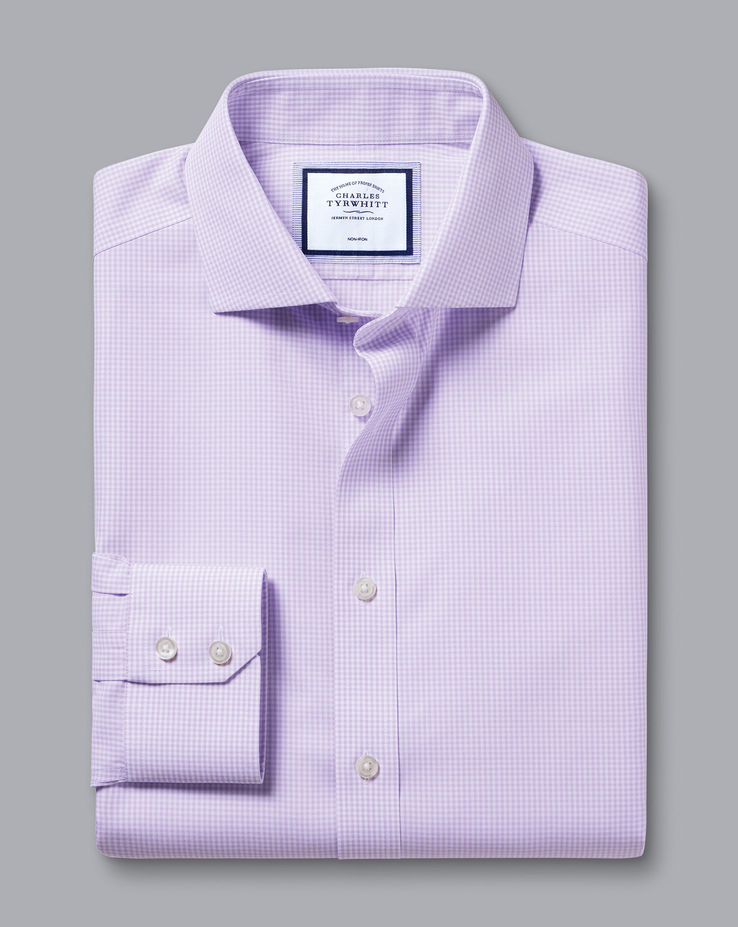 Spread Collar Non-Iron Mini Gingham Check Shirt - Mauve Purple