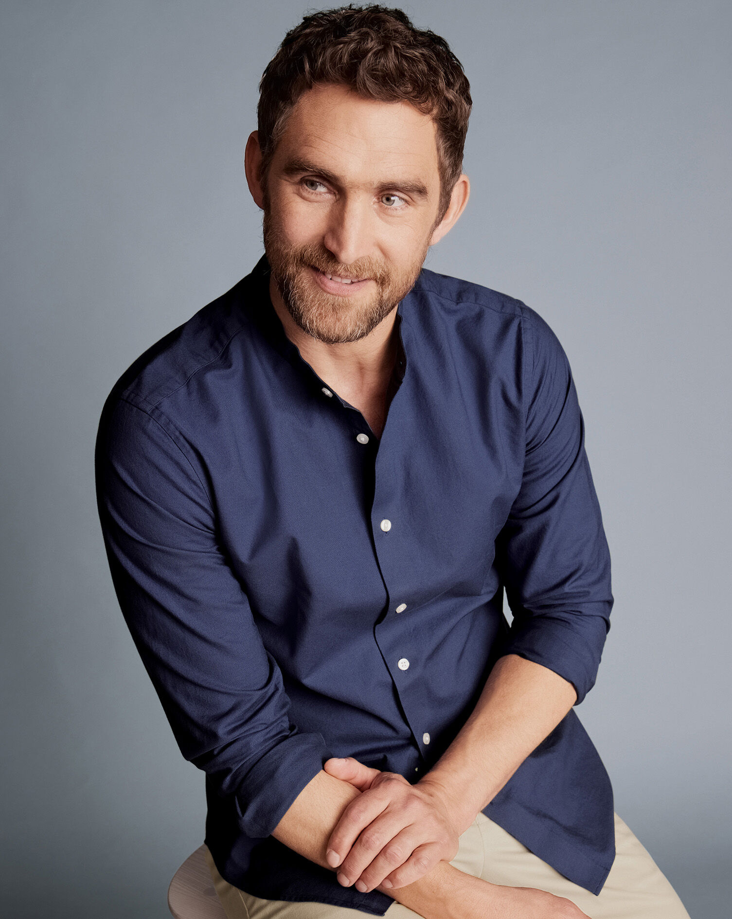 Collarless Washed Oxford Stretch Shirt - Heather Blue