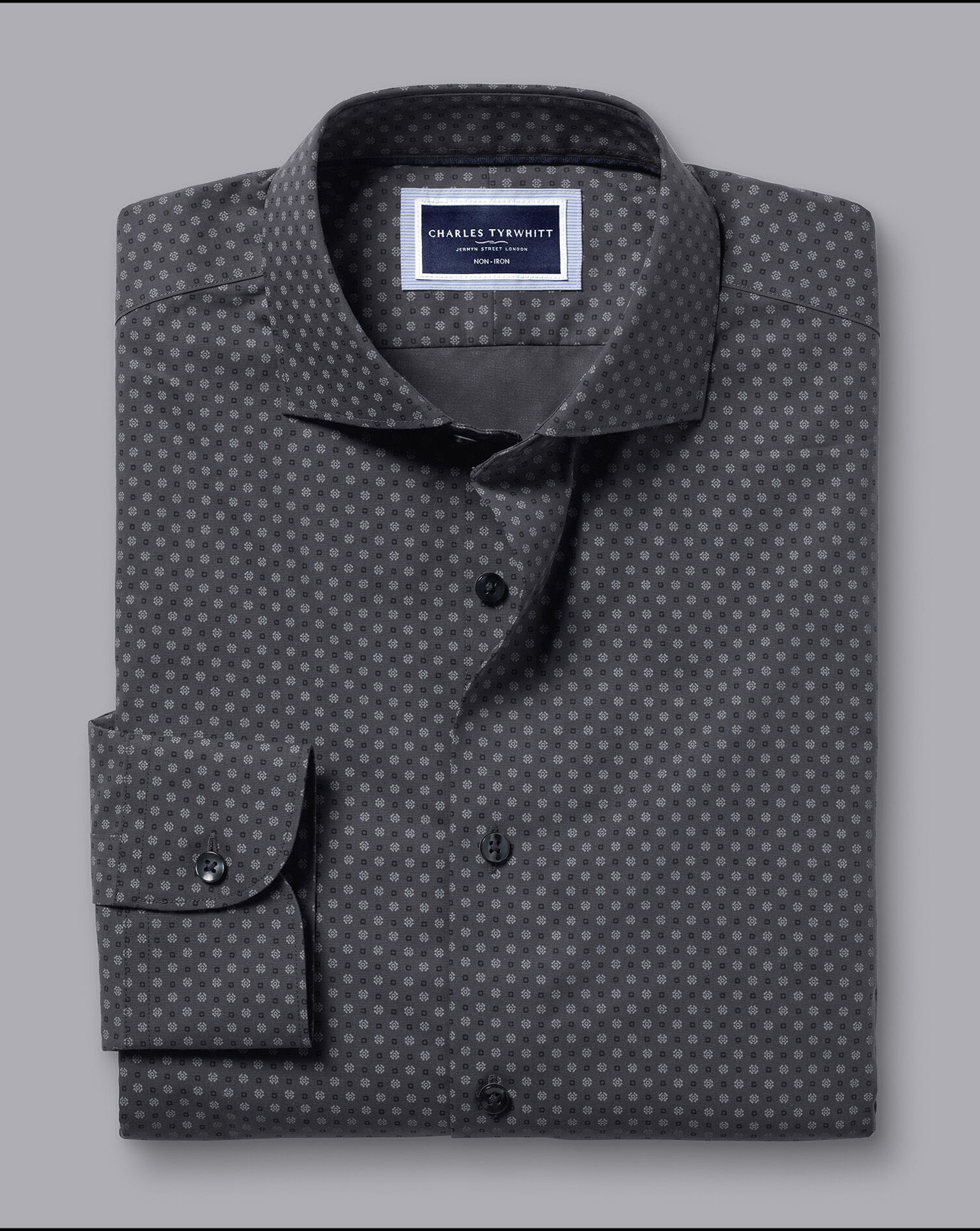 Semi-Spread Collar Medallion Print Non-Iron Shirt - Charcoal Grey