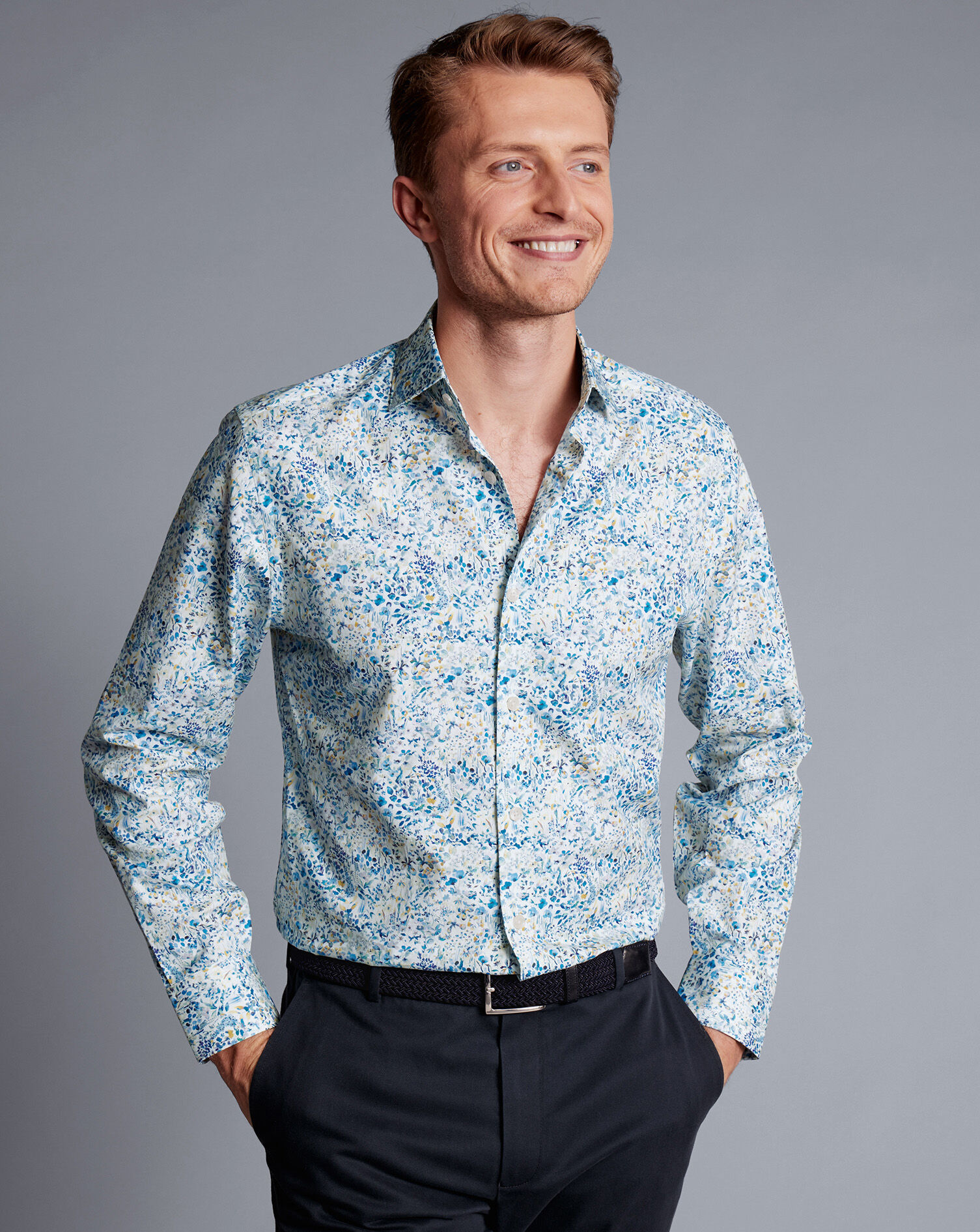 Made With Liberty Fabric Floral Print Semi-Spread Collar Shirt - Cobalt Blue