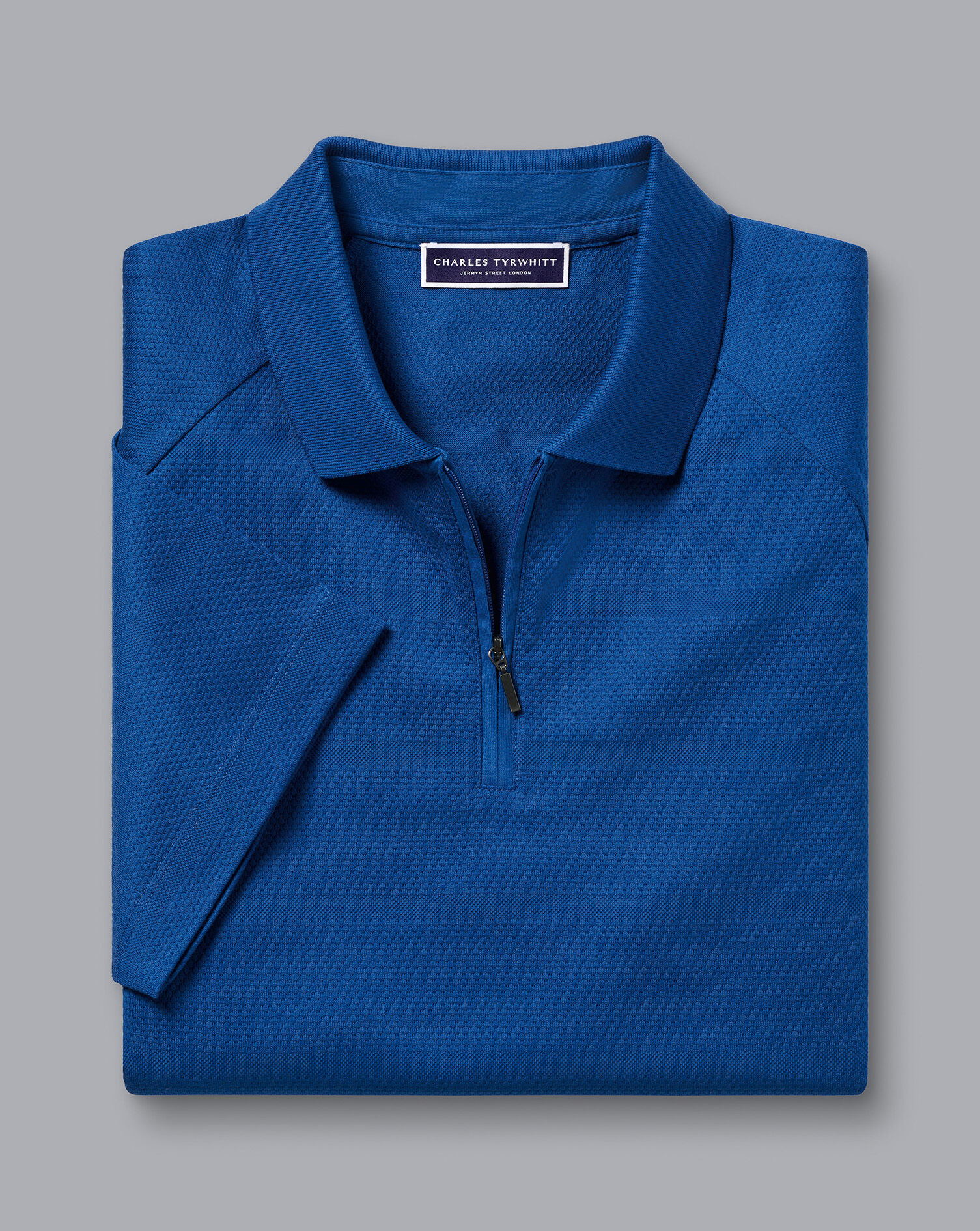 Popcorn Textured Tyrwhitt Cool Zip-Neck Polo - Cobalt Blue