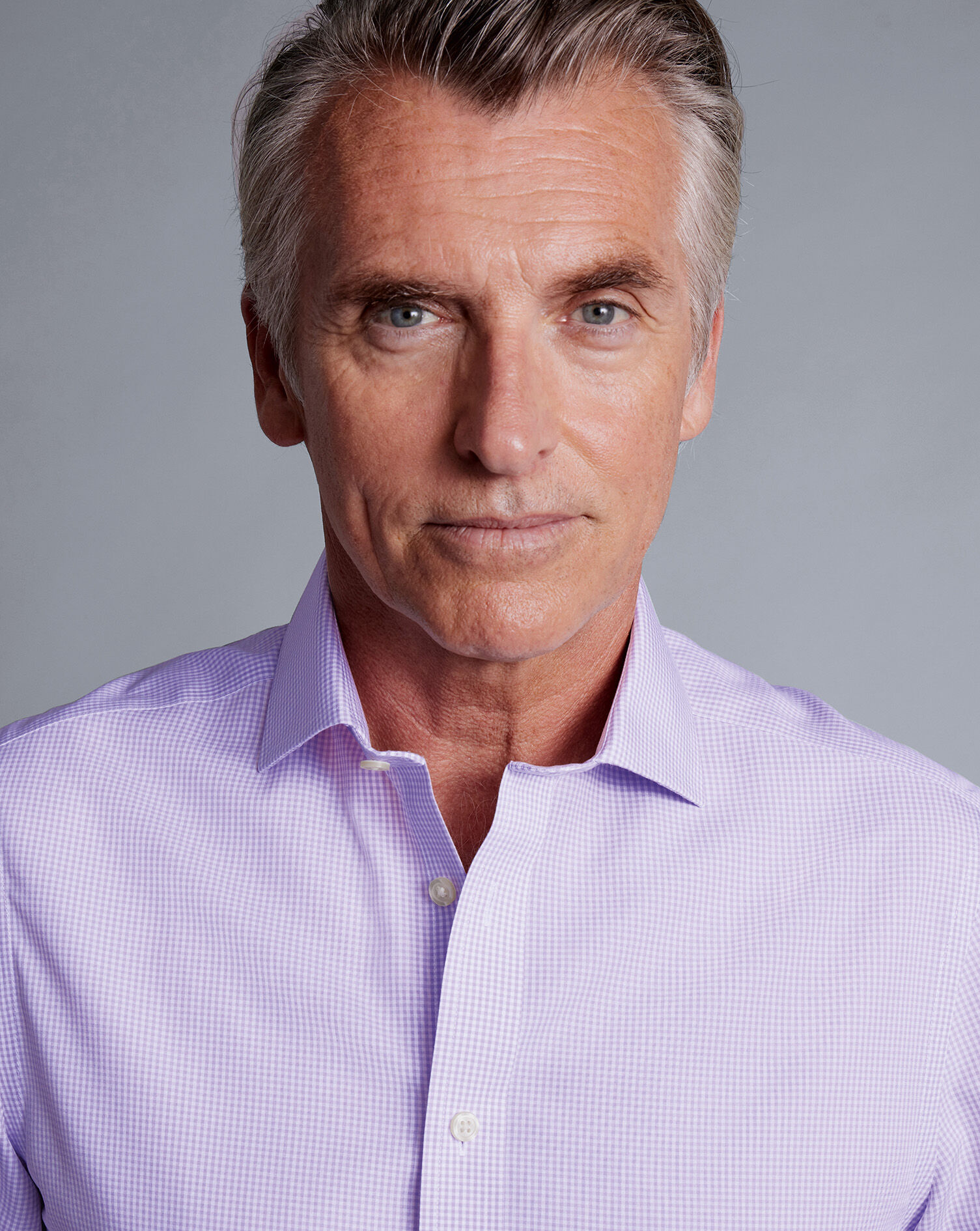 Spread Collar Non-Iron Mini Gingham Check Shirt - Mauve Purple