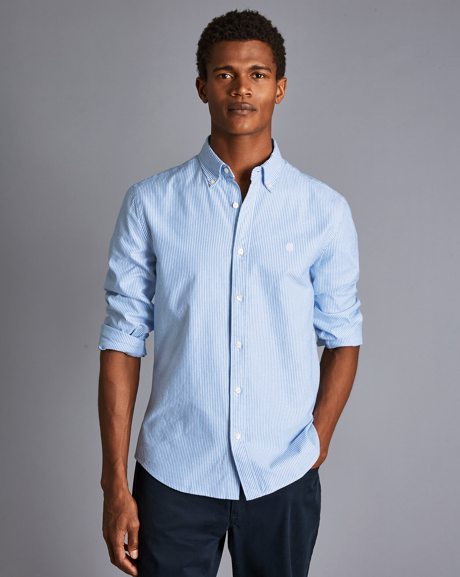 England Rugby Button-Down Collar Washed Oxford Stripe Shirt - Blue & White