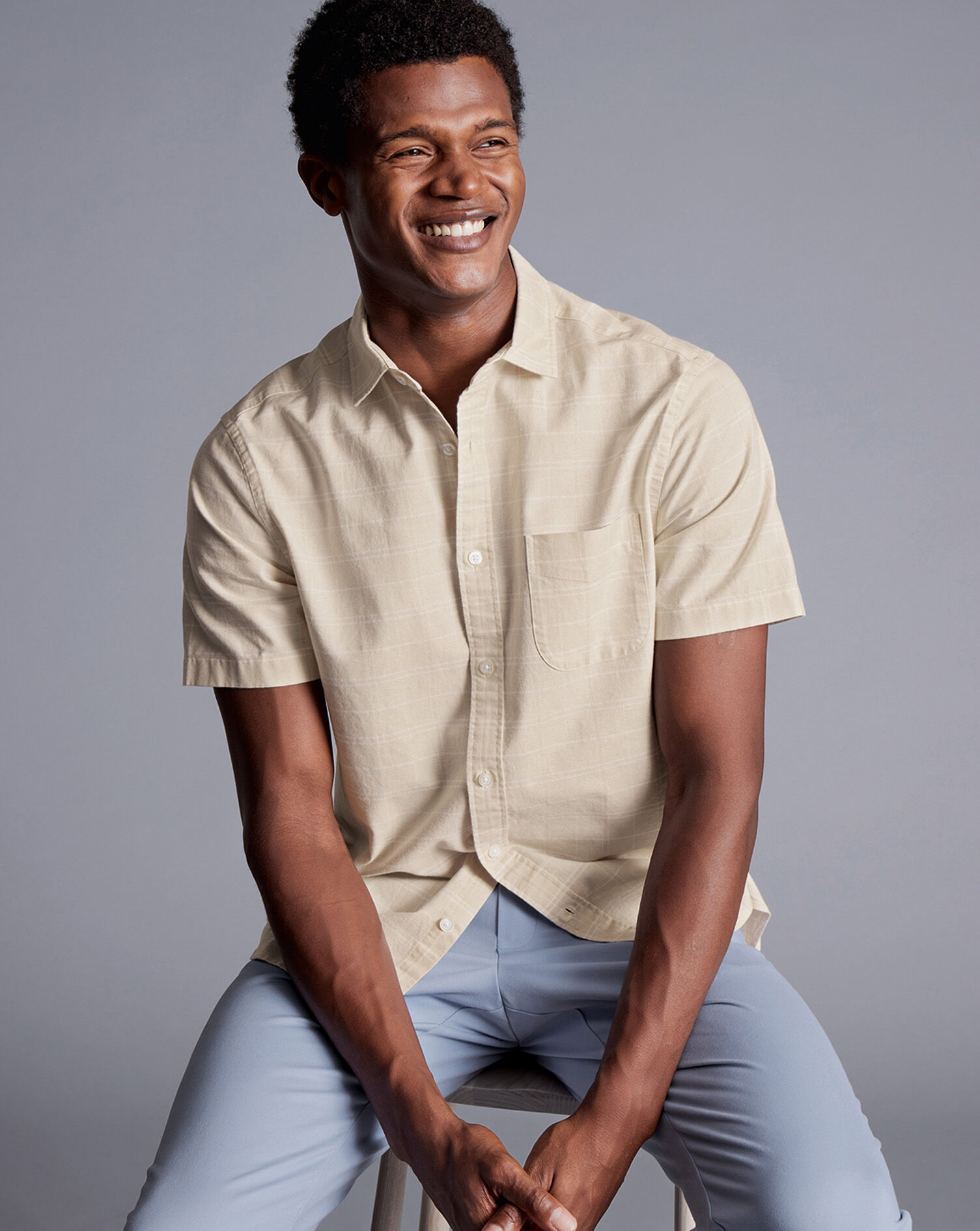 Cotton Linen Check Short Sleeve Shirt - Oatmeal