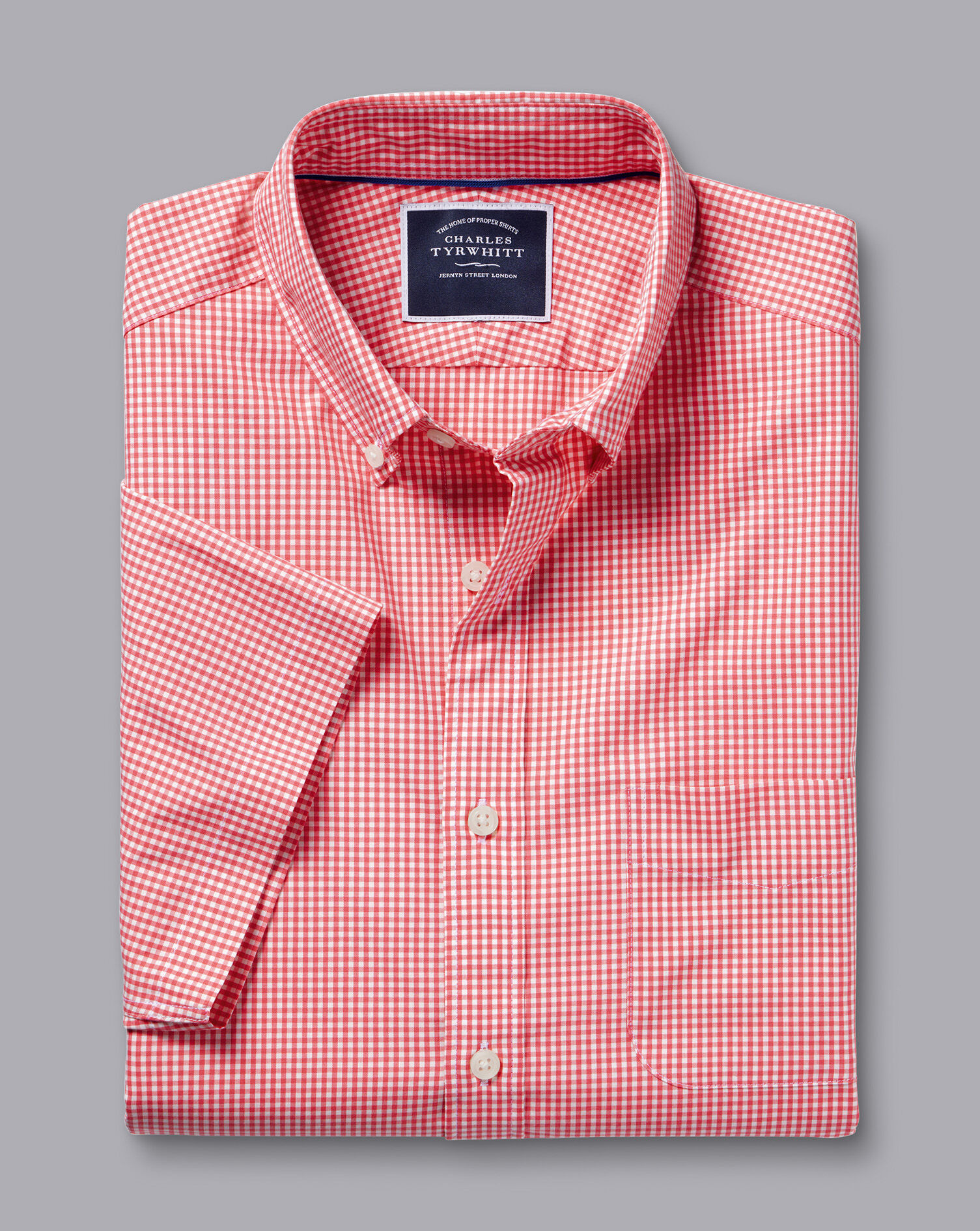 Button-Down Collar Non-Iron Stretch Poplin Mini Gingham Short Sleeve Shirt - Bright Pink