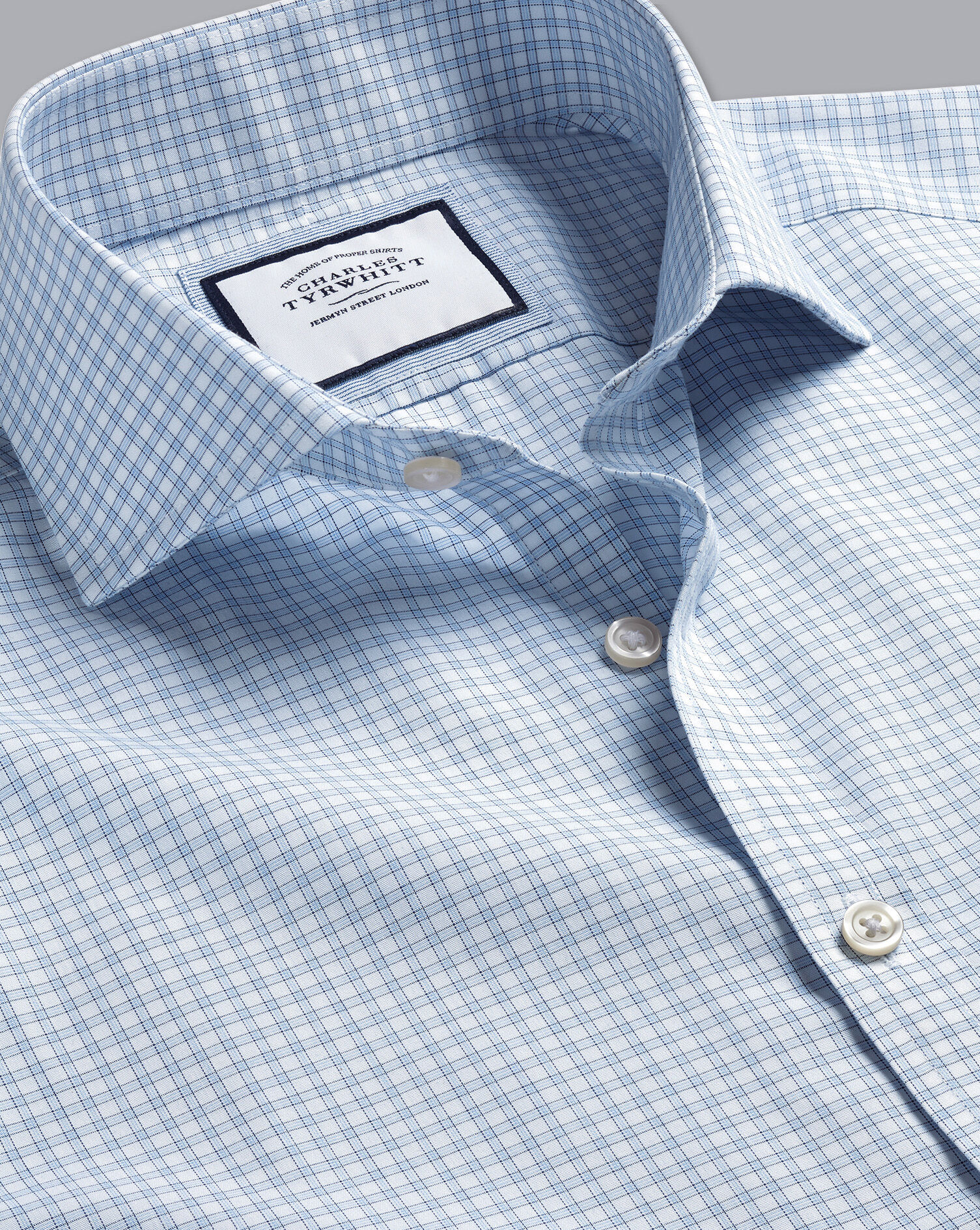 Spread Collar Non-Iron Poplin Fine Check Shirt - Sky Blue