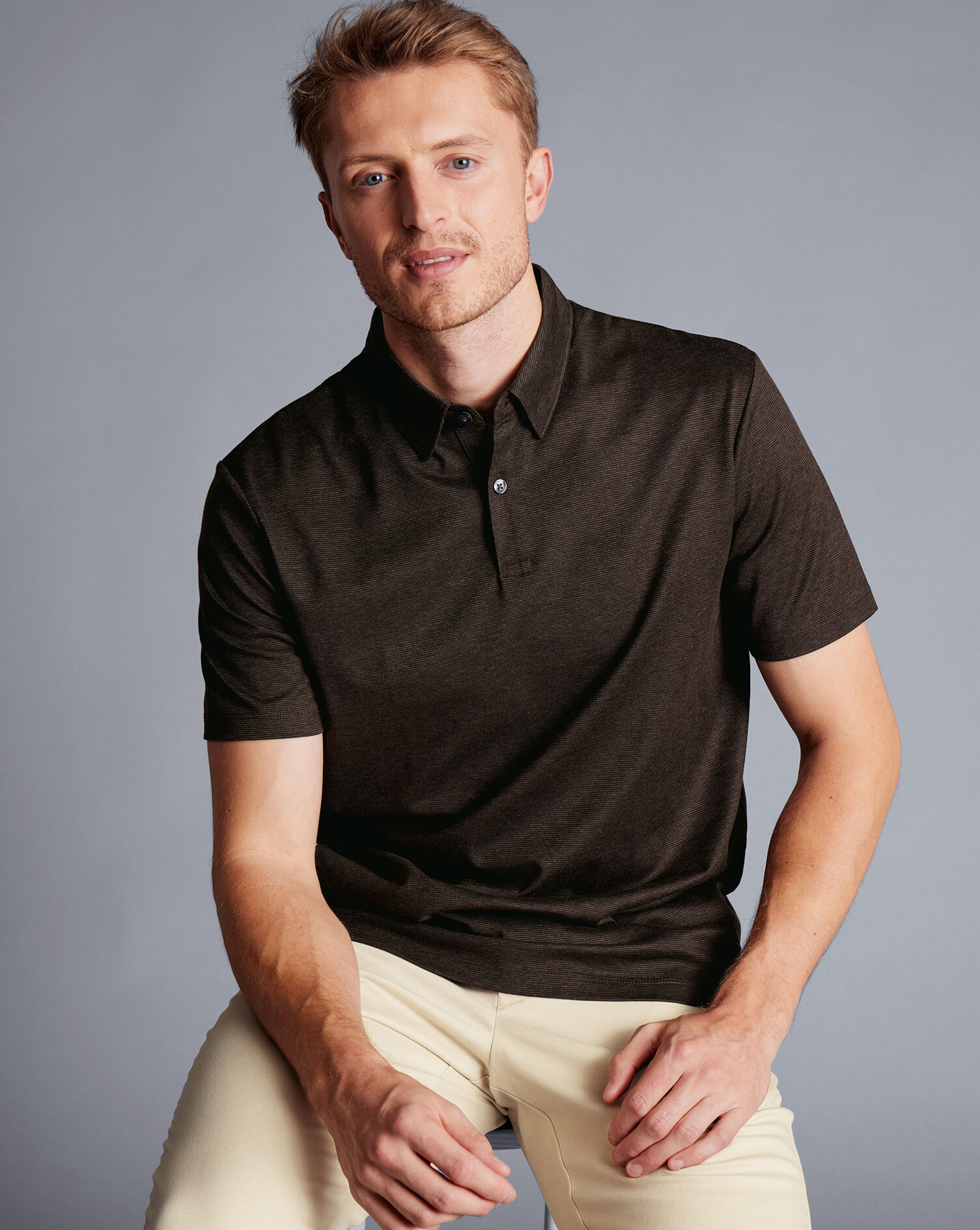 Birdseye Stripe Jacquard Polo - Chocolate Brown