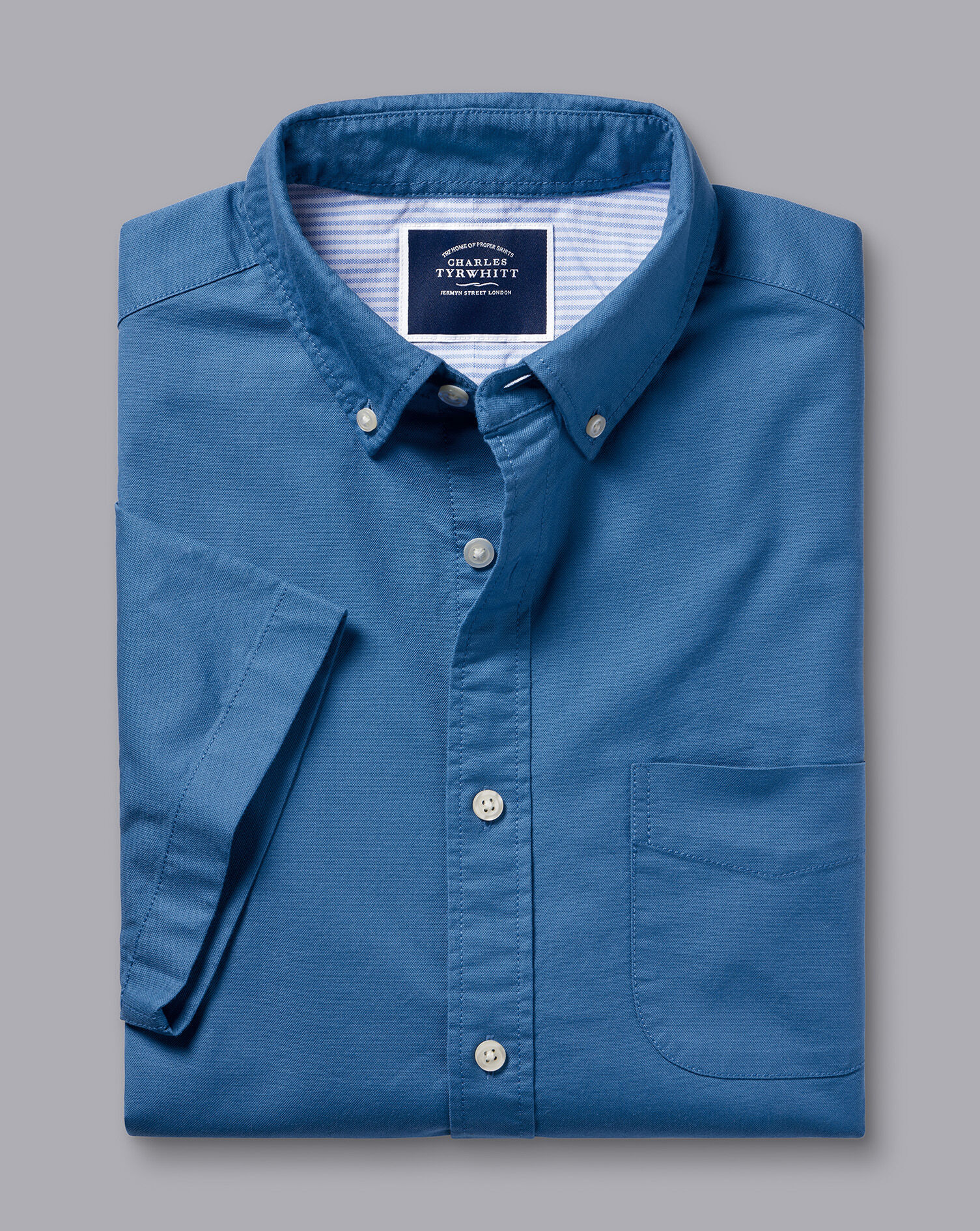Button-Down Collar Washed Oxford Short Sleeve Shirt  - Ocean Blue