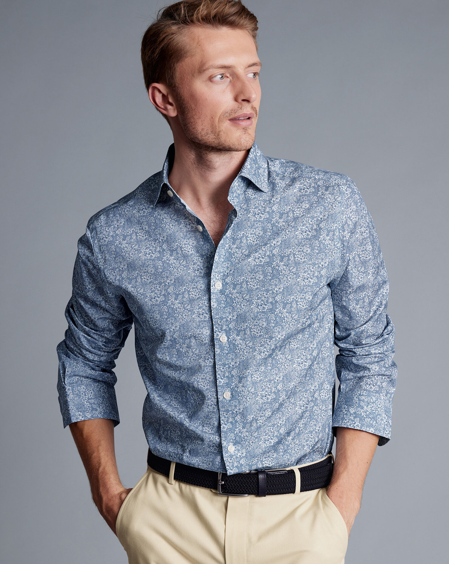 Made With Liberty Fabric Linear Print Semi-Spread Collar Shirt - Royal Blue