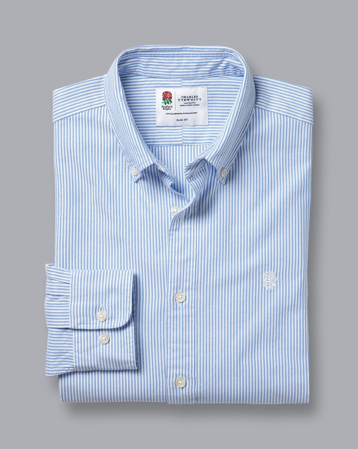 England Rugby Button-Down Collar Washed Oxford Stripe Shirt - Blue & White