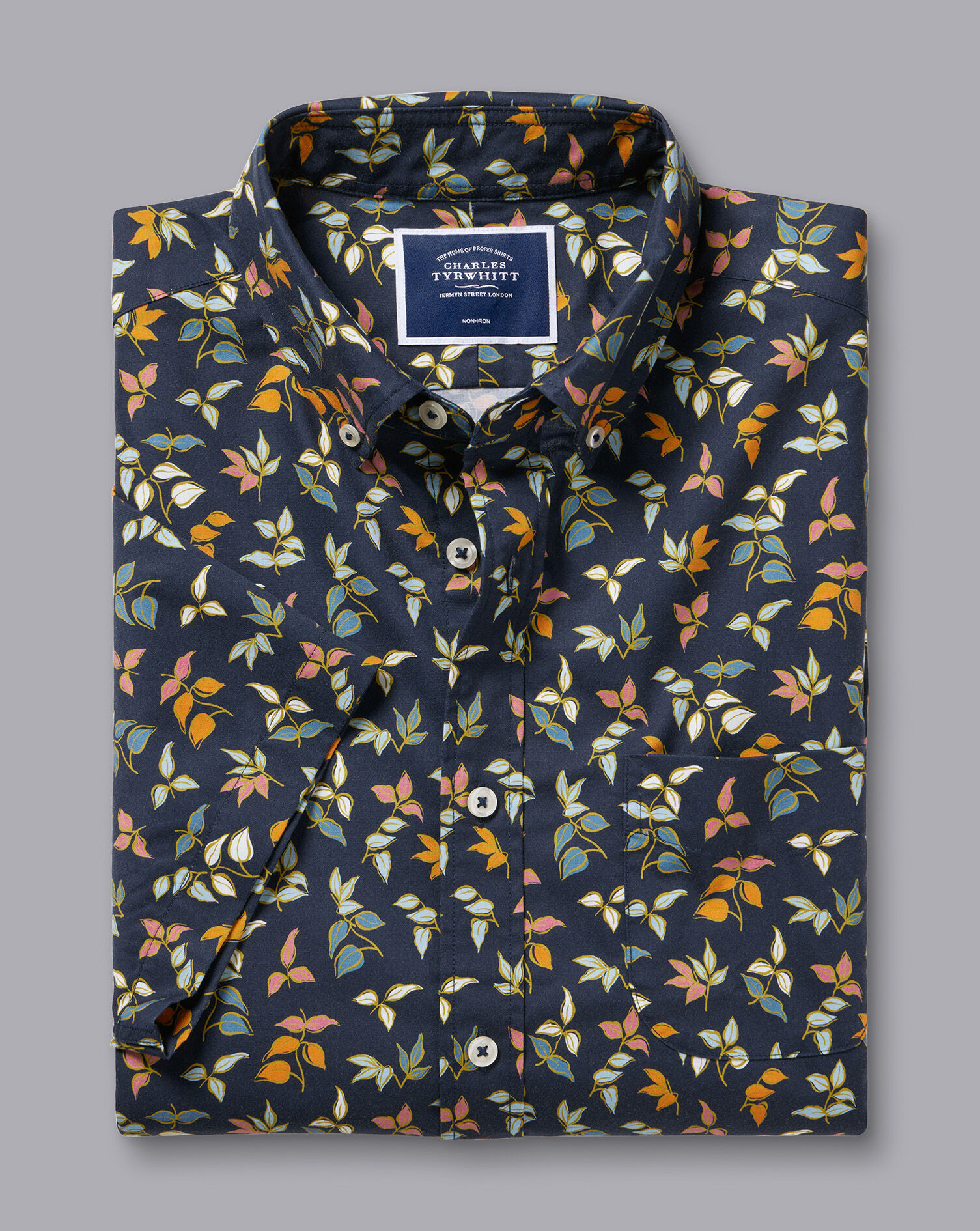 Button-Down Collar Non-Iron Stretch Poplin Multi Leaf Print Short Sleeve Shirt - Navy