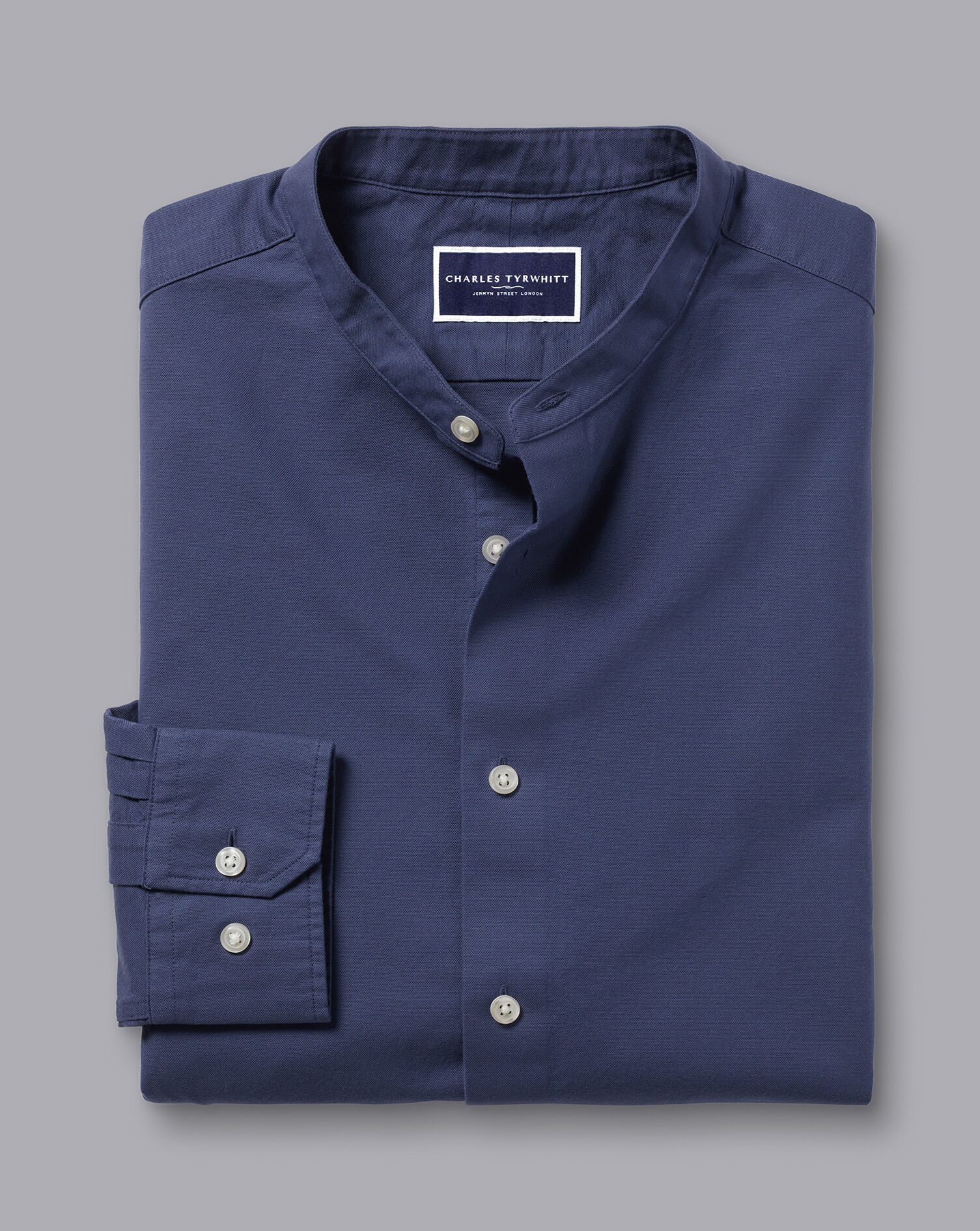 Collarless Washed Oxford Stretch Shirt - Heather Blue