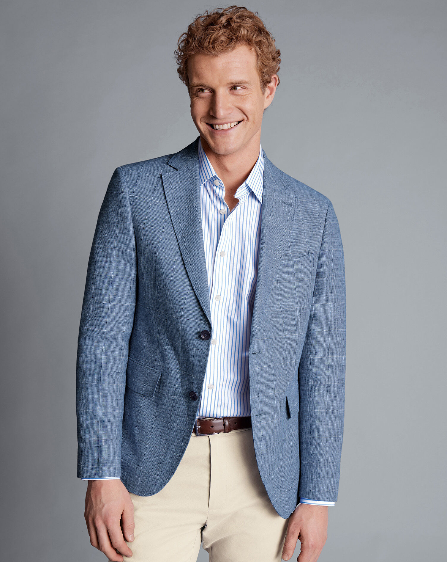 Linen Cotton Check Jacket - Cobalt Blue
