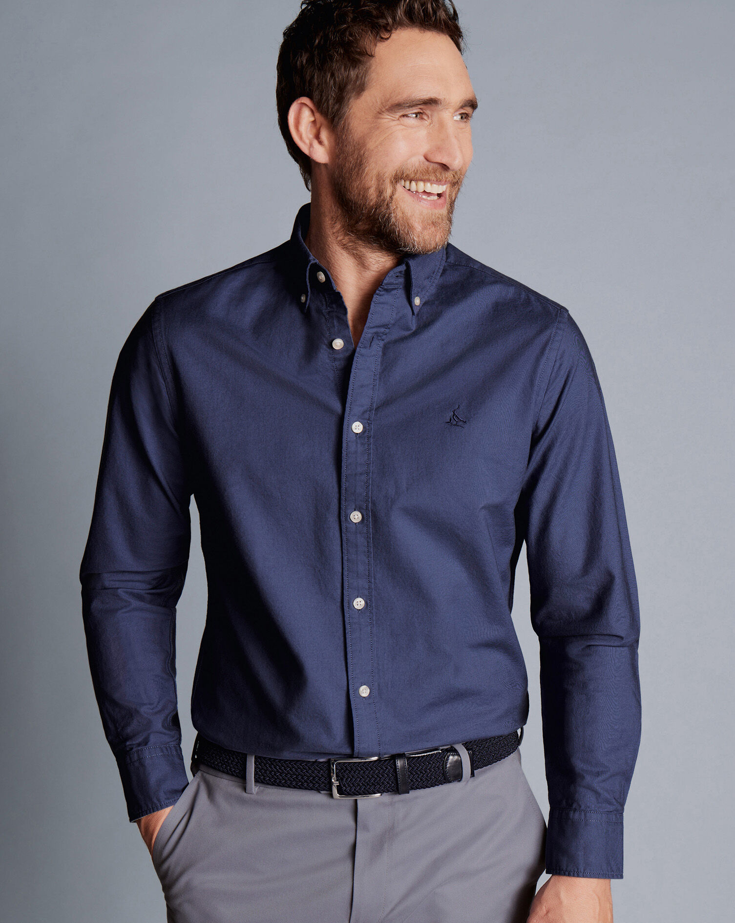 Button-Down Collar Washed Oxford Plain Shirt - Heather Blue