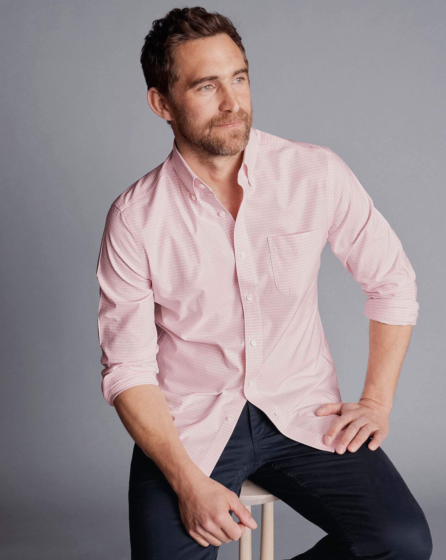 Button-Down Collar Check Non-Iron Stretch Oxford Shirt - Pink