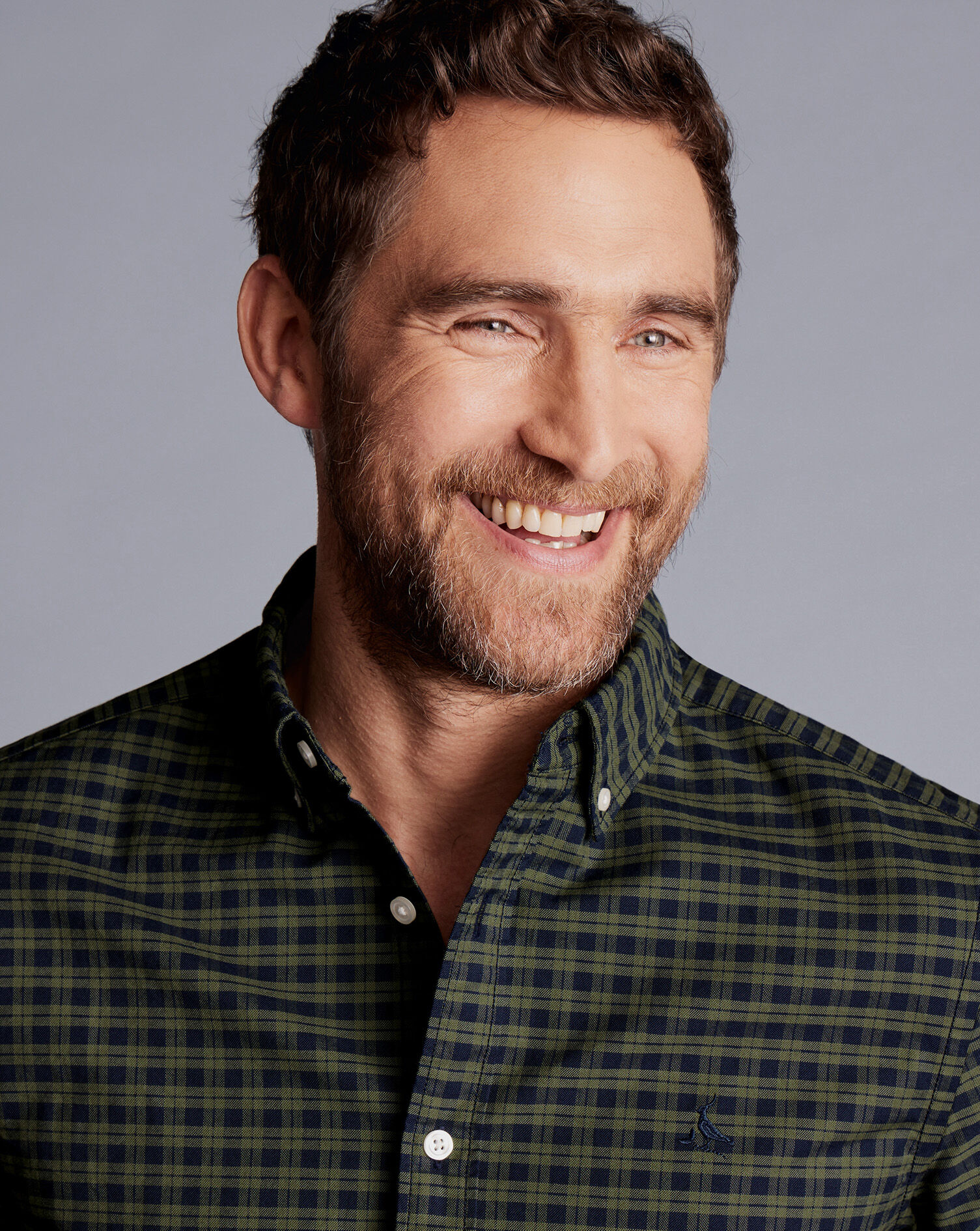 Button-Down Collar Washed Oxford Check Shirt - Olive Green