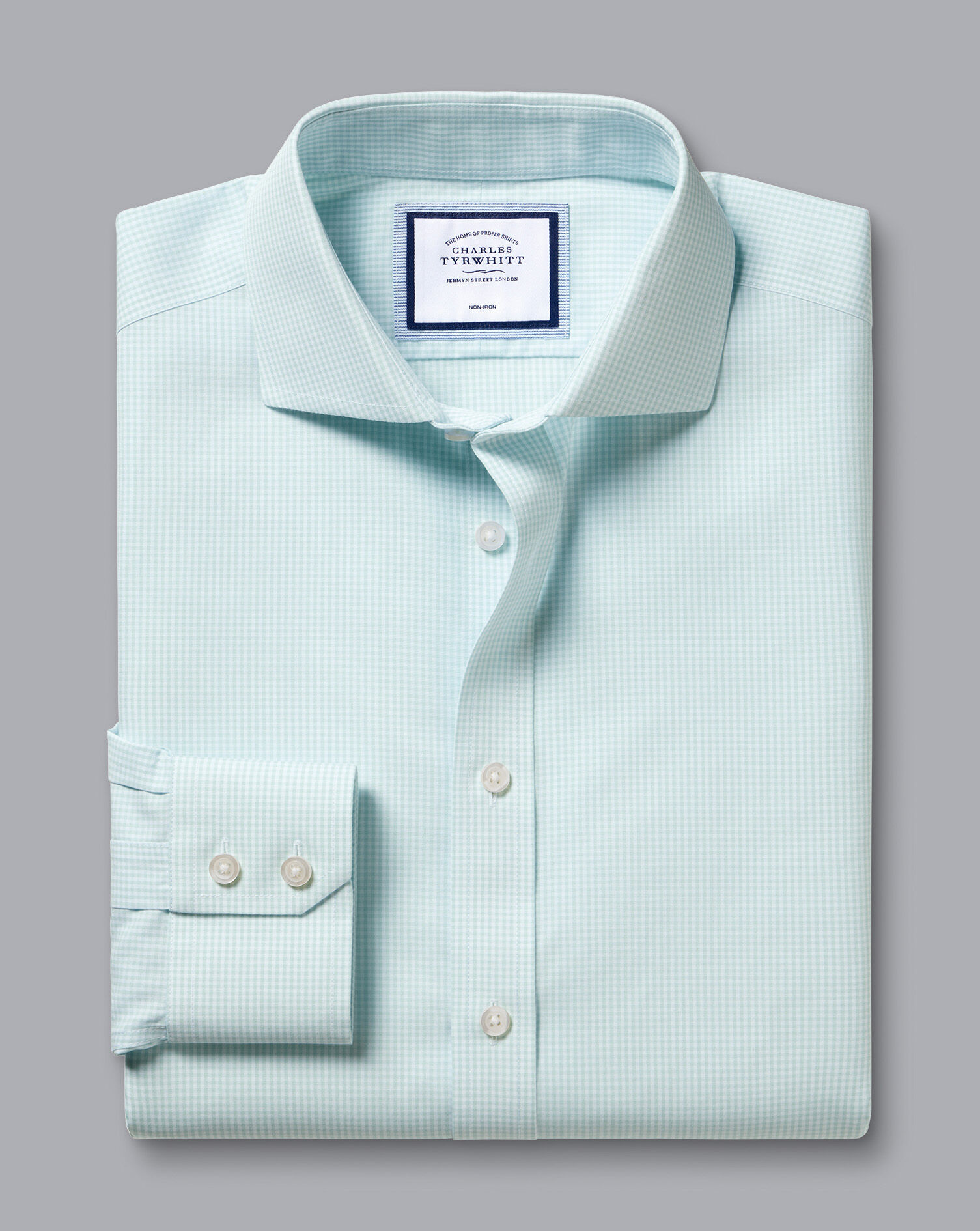 Spread Collar Non-Iron Mini Gingham Check Shirt - Aqua Green