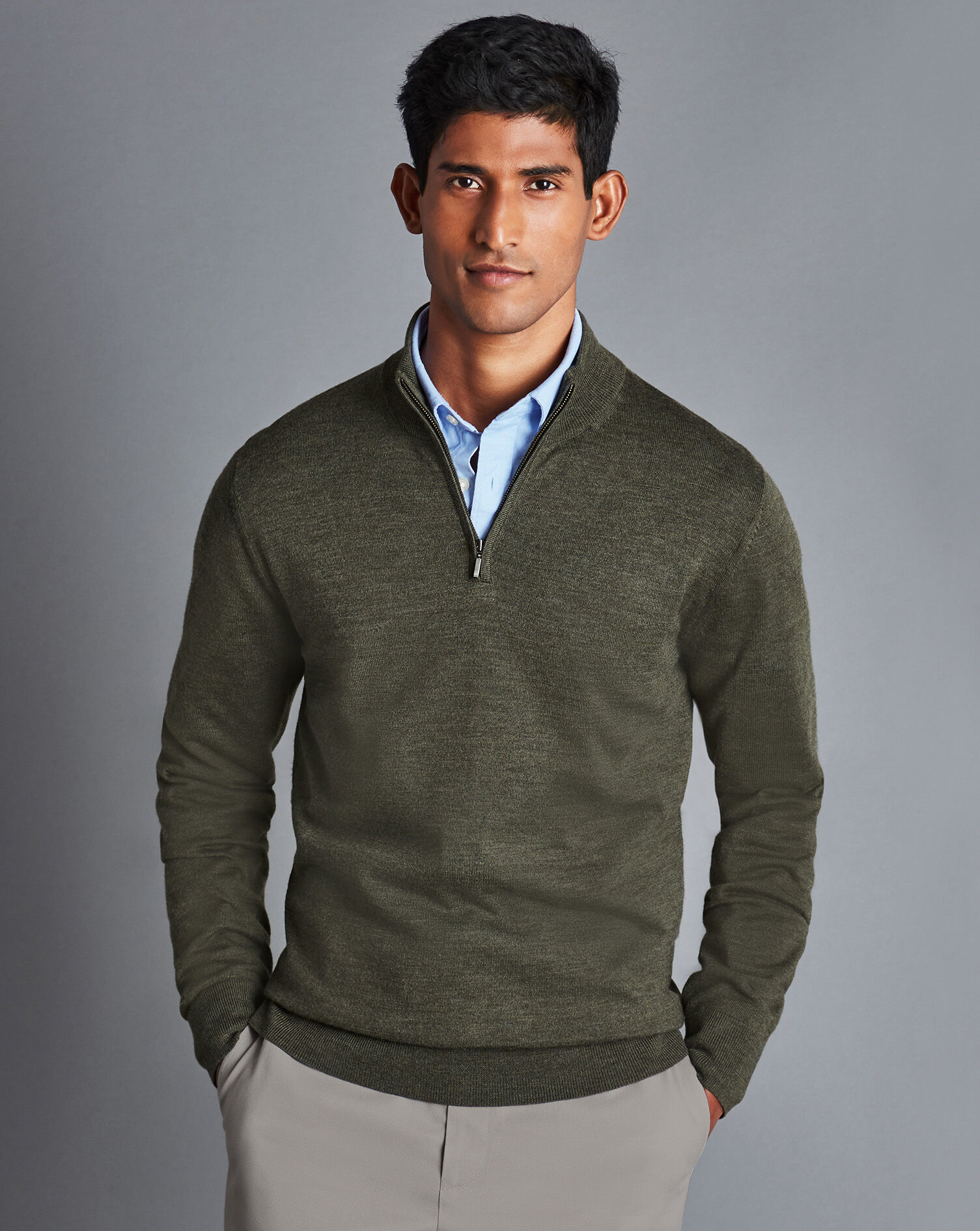 Merino Zip Neck Sweater - Olive Green Melange