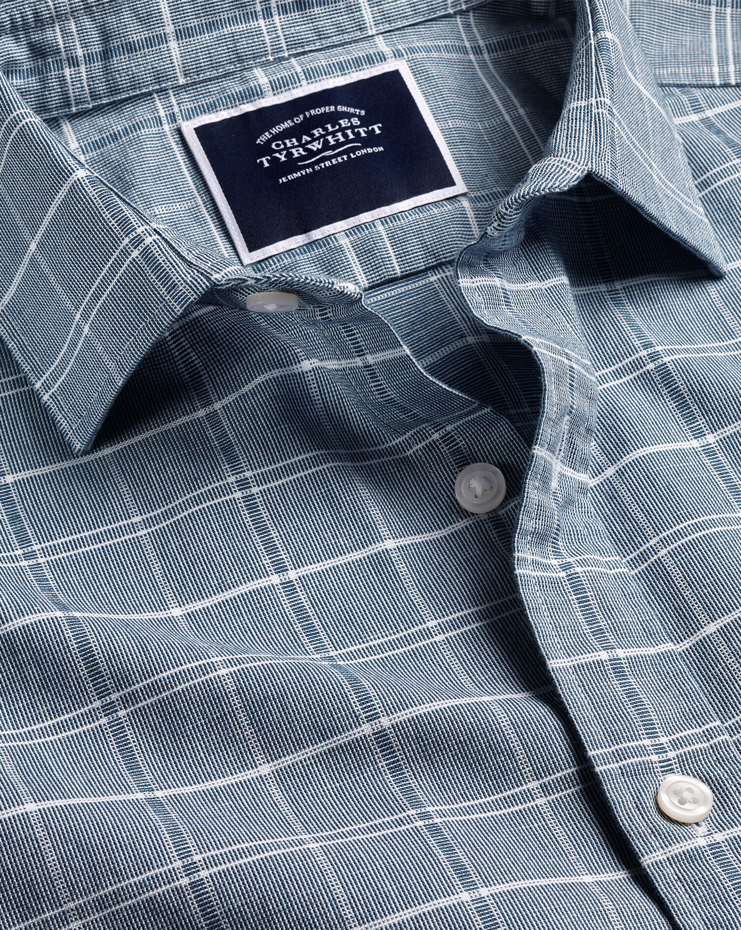 Cotton Linen Check Short Sleeve Shirt - Petrol Blue