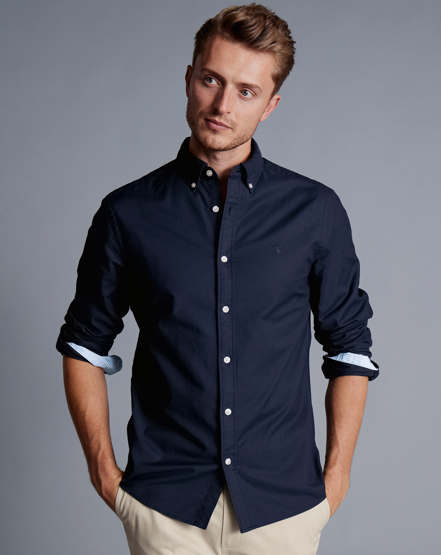 Button-Down Collar Washed Oxford Shirt - Navy Blue