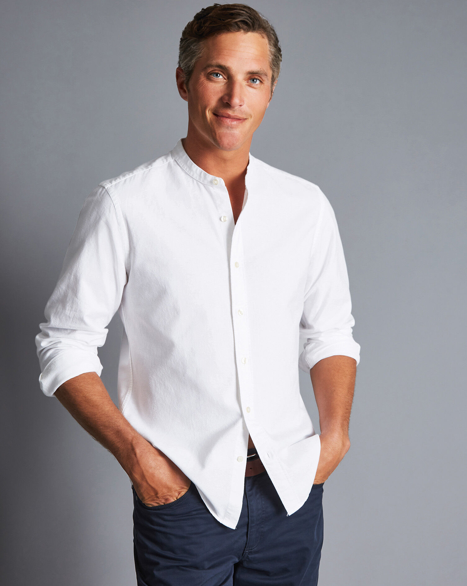 Collarless Cotton Linen Shirt - White