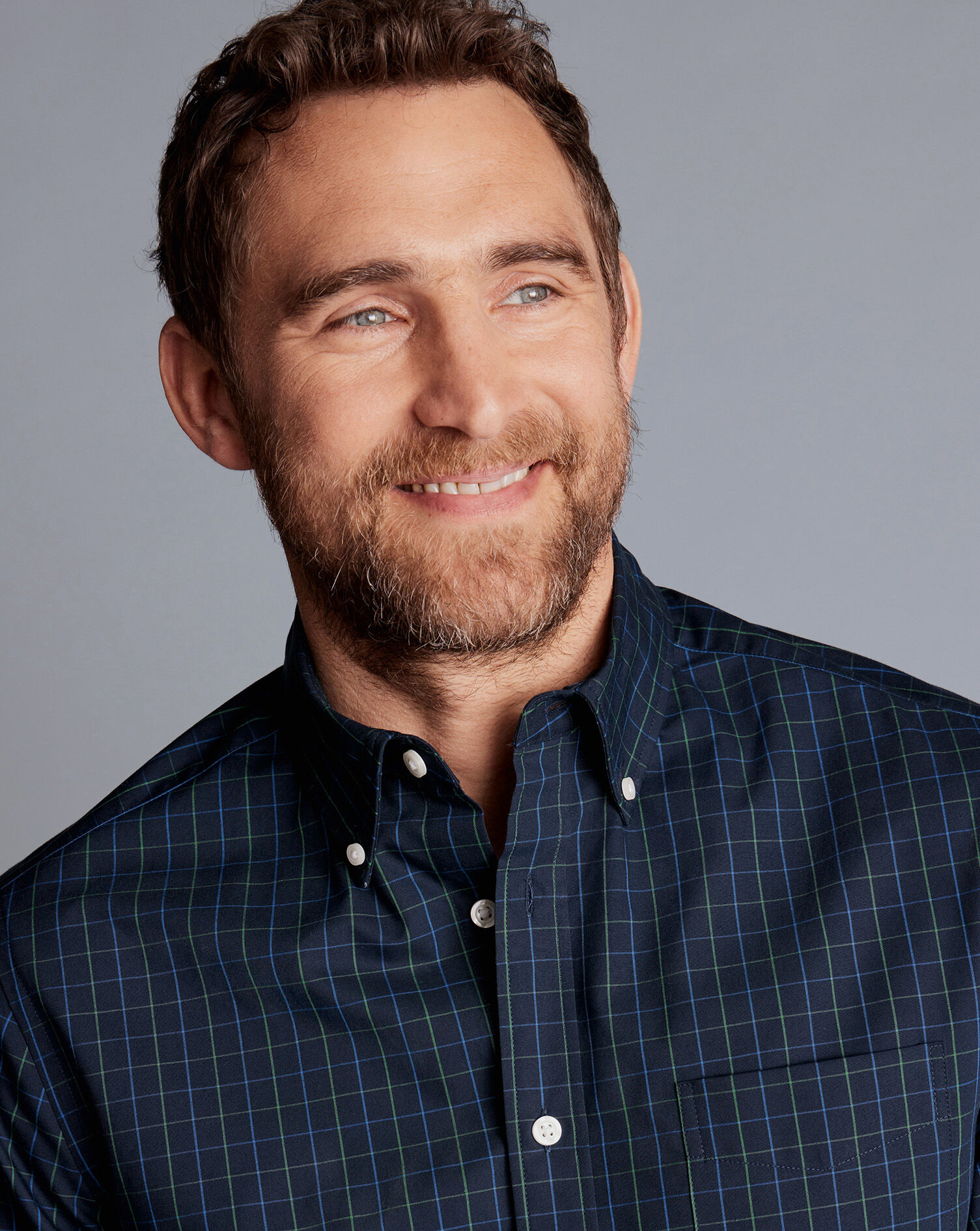 Button-Down Collar Non-Iron Stretch Poplin Check Shirt - Dark Navy