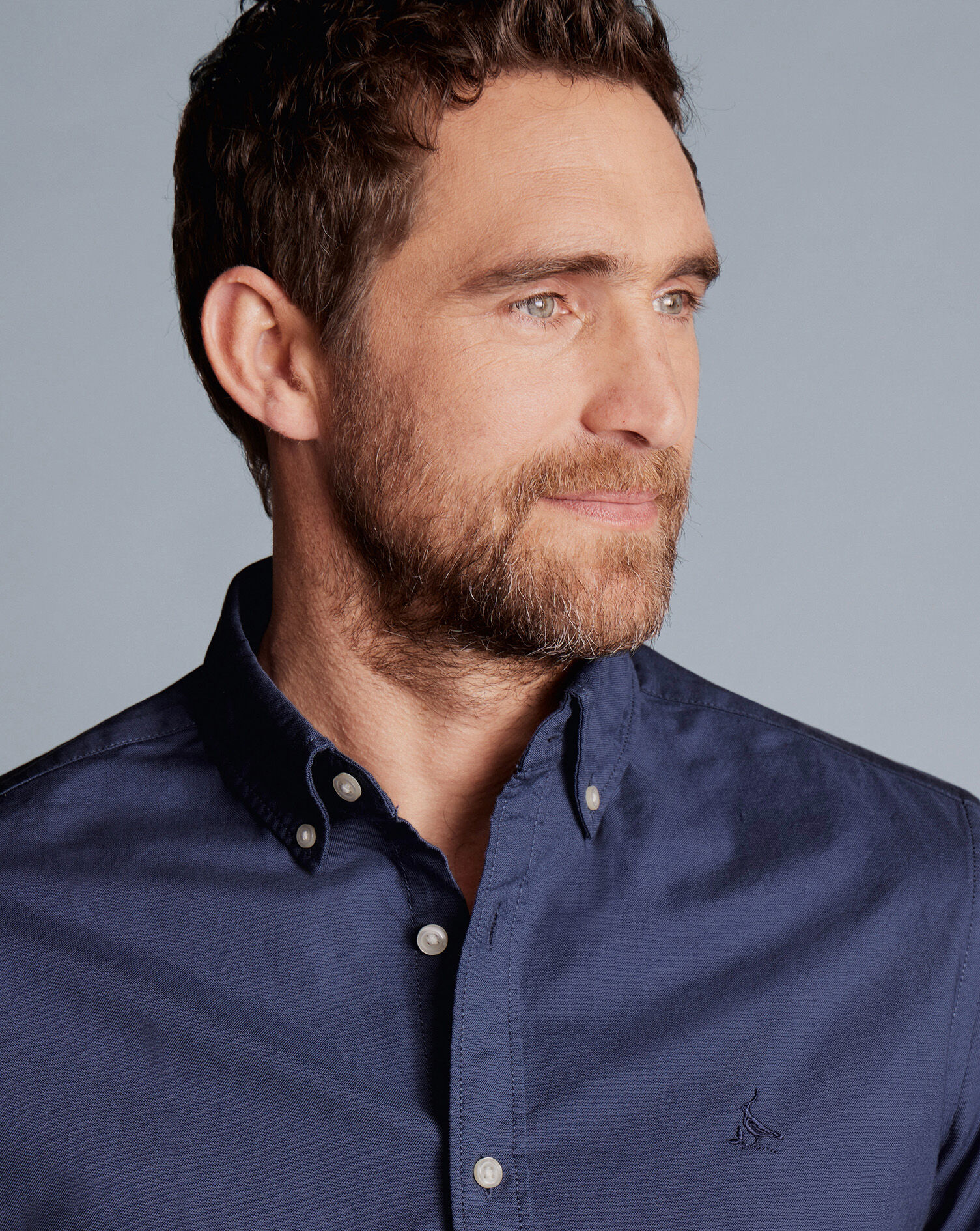 Button-Down Collar Washed Oxford Plain Shirt - Heather Blue