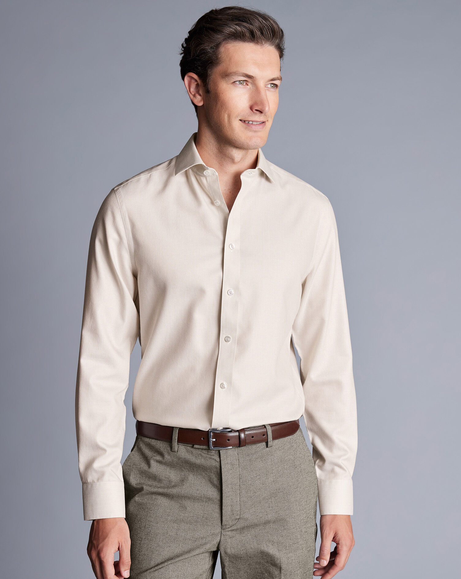 Spread Collar Non-Iron Clifton Weave Shirt - Oatmeal