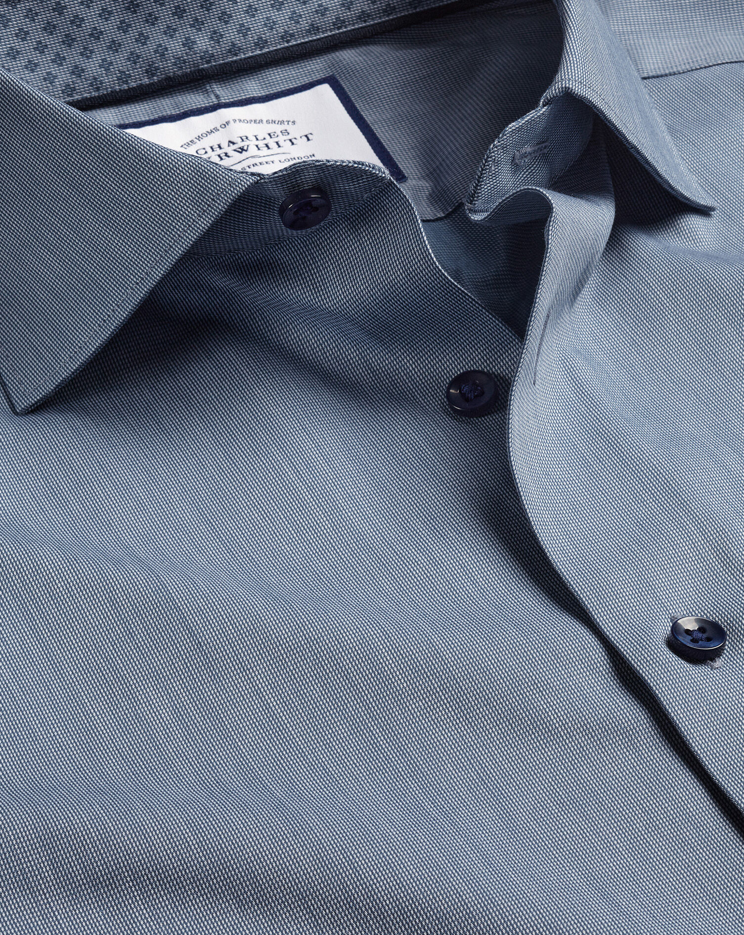 Semi-Spread Collar Twill Shirt with Printed Trim - Steel Blue
