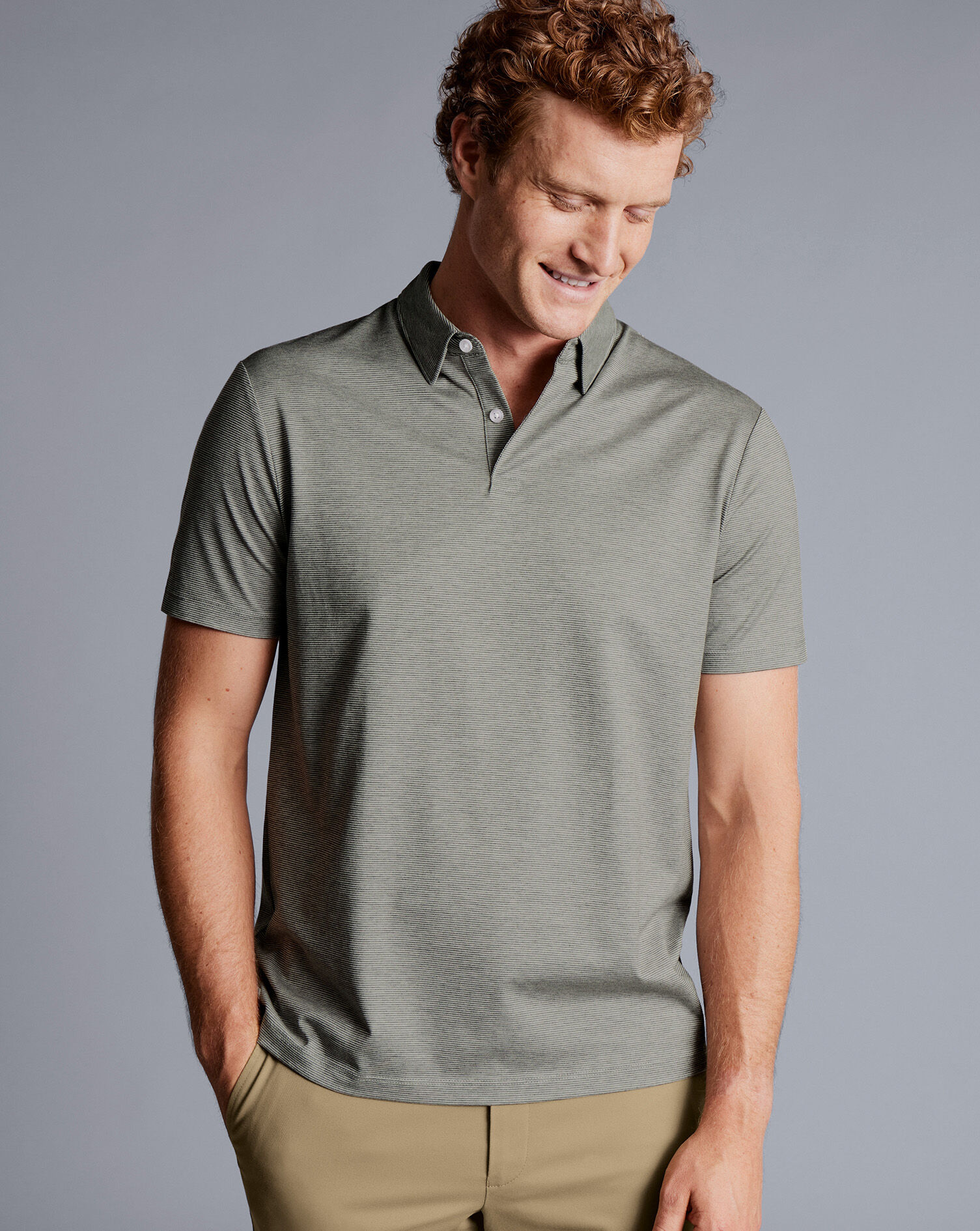 Birdseye Stripe Jacquard Polo - Light Grey