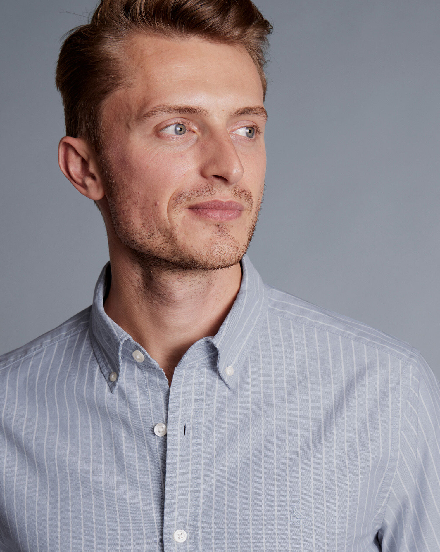 Button-Down Collar Washed Oxford Butchers Stripe Shirt - Steel Blue