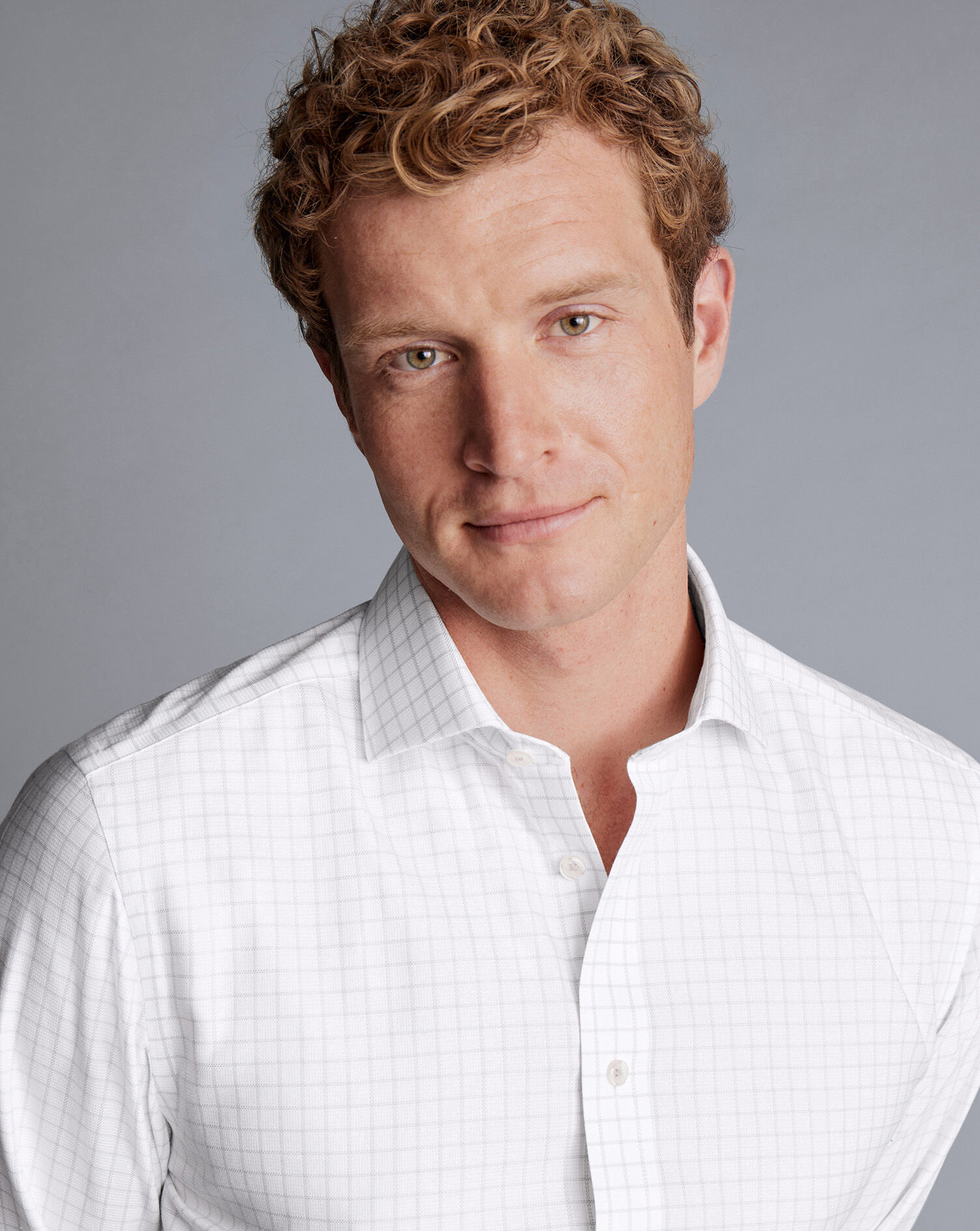 Spread Collar Non-Iron Clifton Weave Check Shirt - Silver Grey