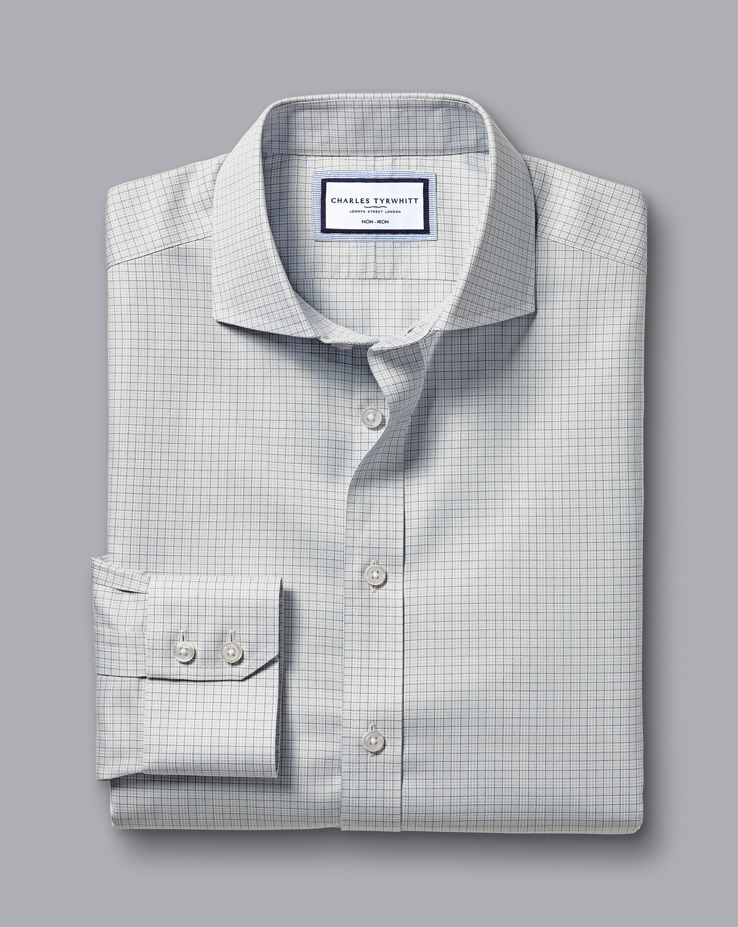 Spread Collar Non-Iron Mini Prince of Wales Check Shirt - Silver Grey