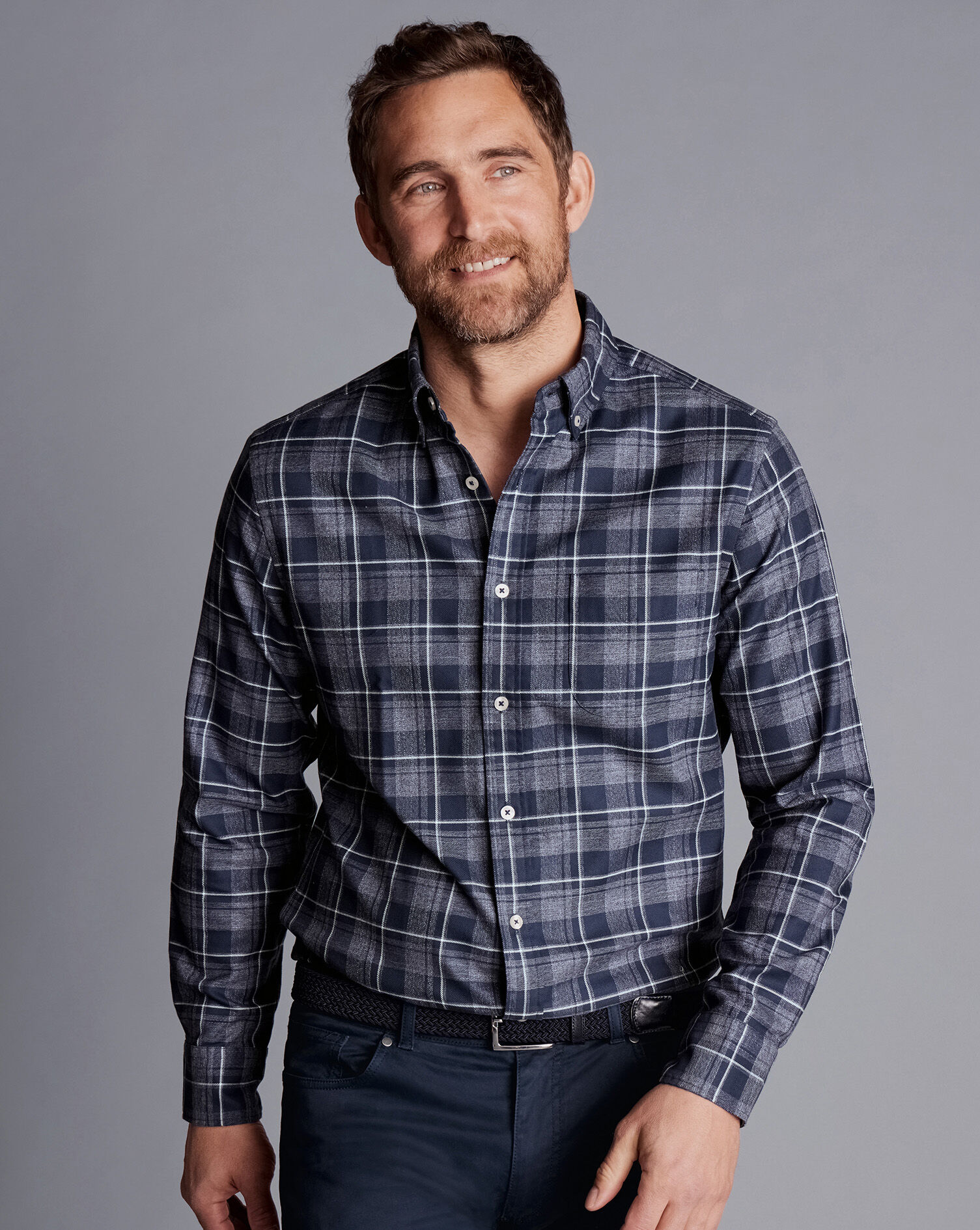 Button-Down Collar Non-Iron Twill Windowpane Shirt - Heather Blue