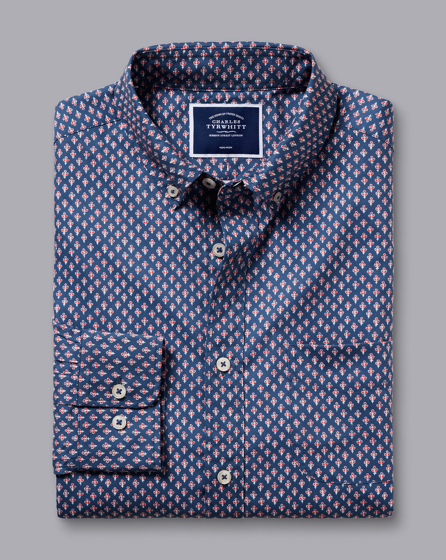Button-Down Collar Non-Iron Stretch Poplin Leaf Print Shirt  - Royal Blue
