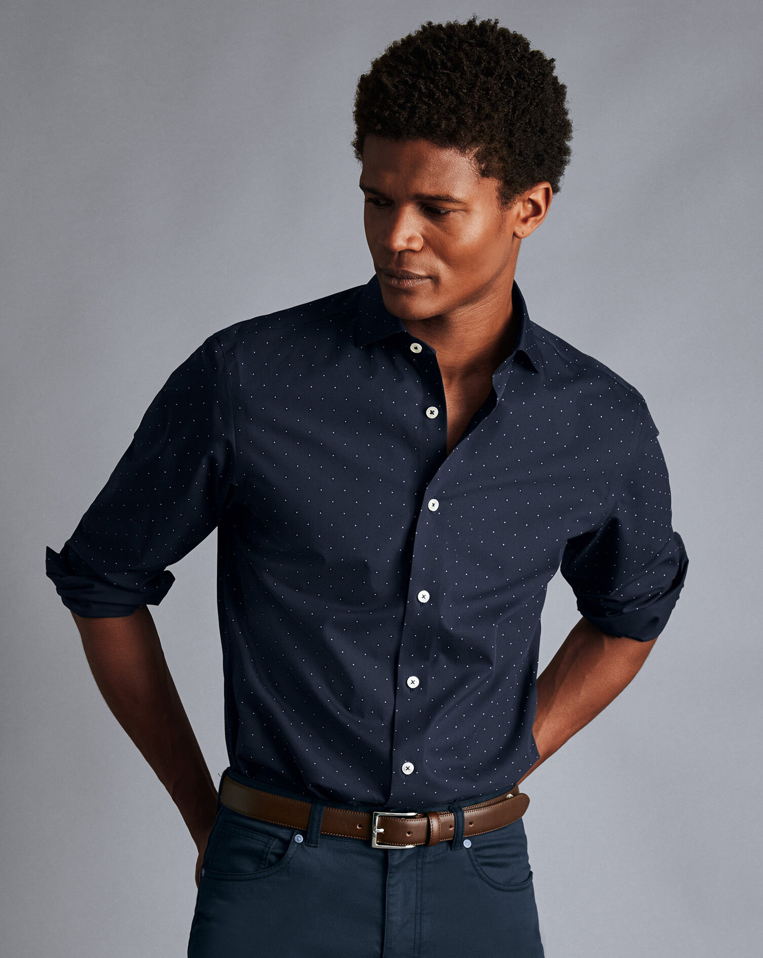 Semi-Spread Collar Non-Iron Spot Print Shirt - Navy