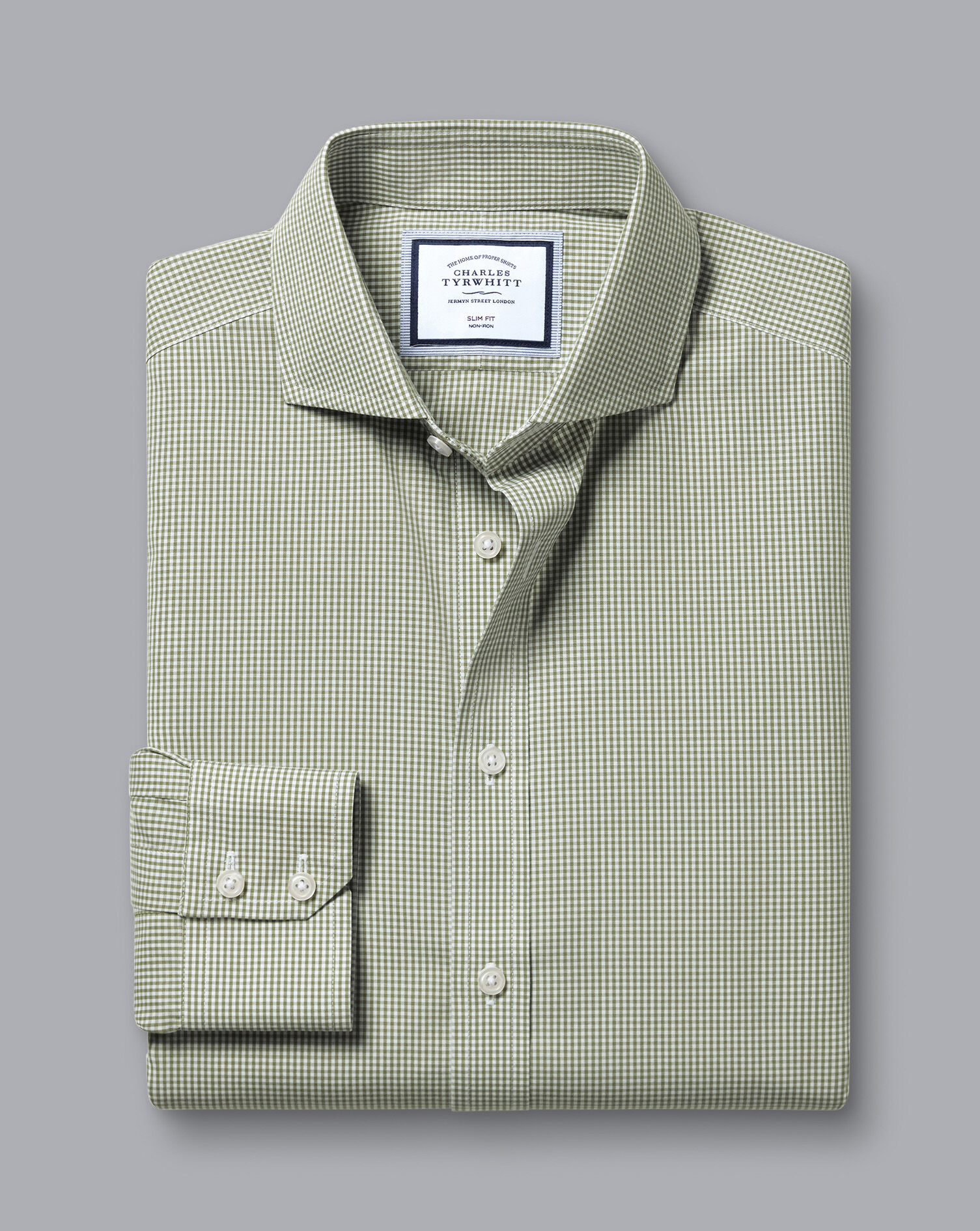 Spread Collar Non-Iron Mini Gingham Check Shirt - Olive Green