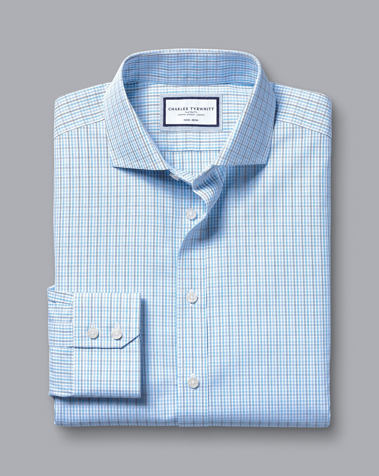 Spread Collar Non-Iron Fine Line Check Shirt - Ocean Blue