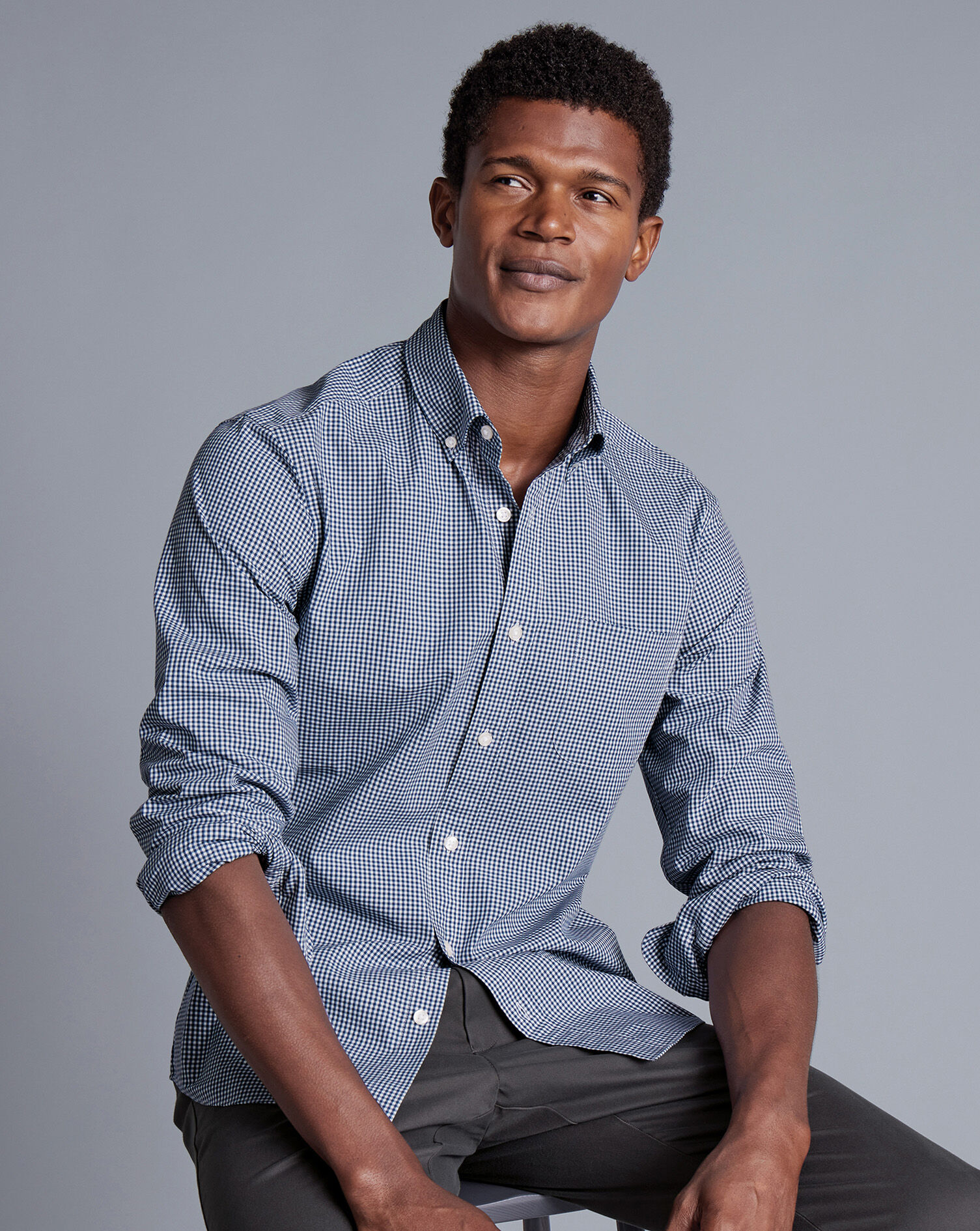 Button-Down Collar Non-Iron Stretch Poplin Mini Gingham Check Shirt - French Blue