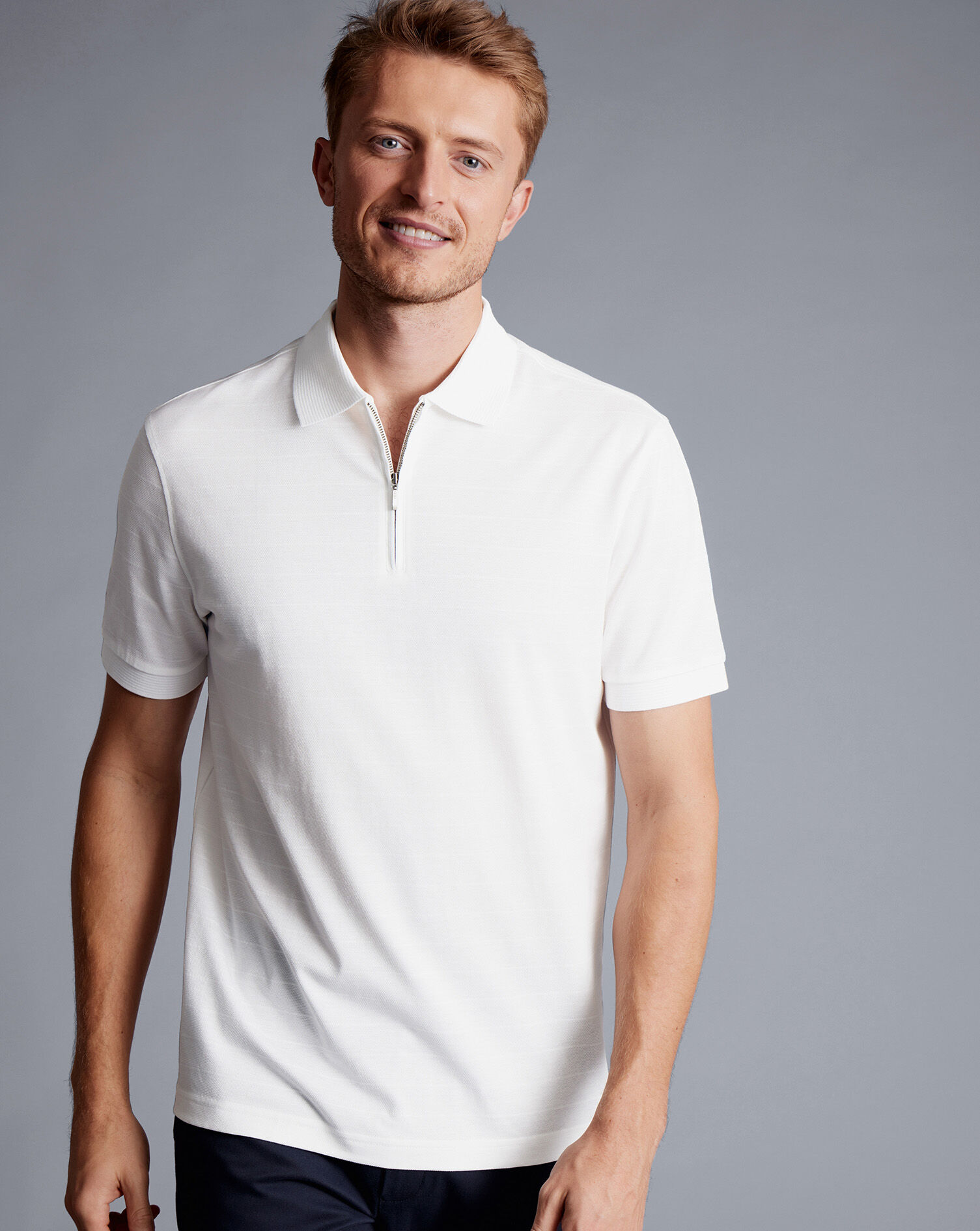 Tyrwhitt Cool Zip-Neck Polo - White