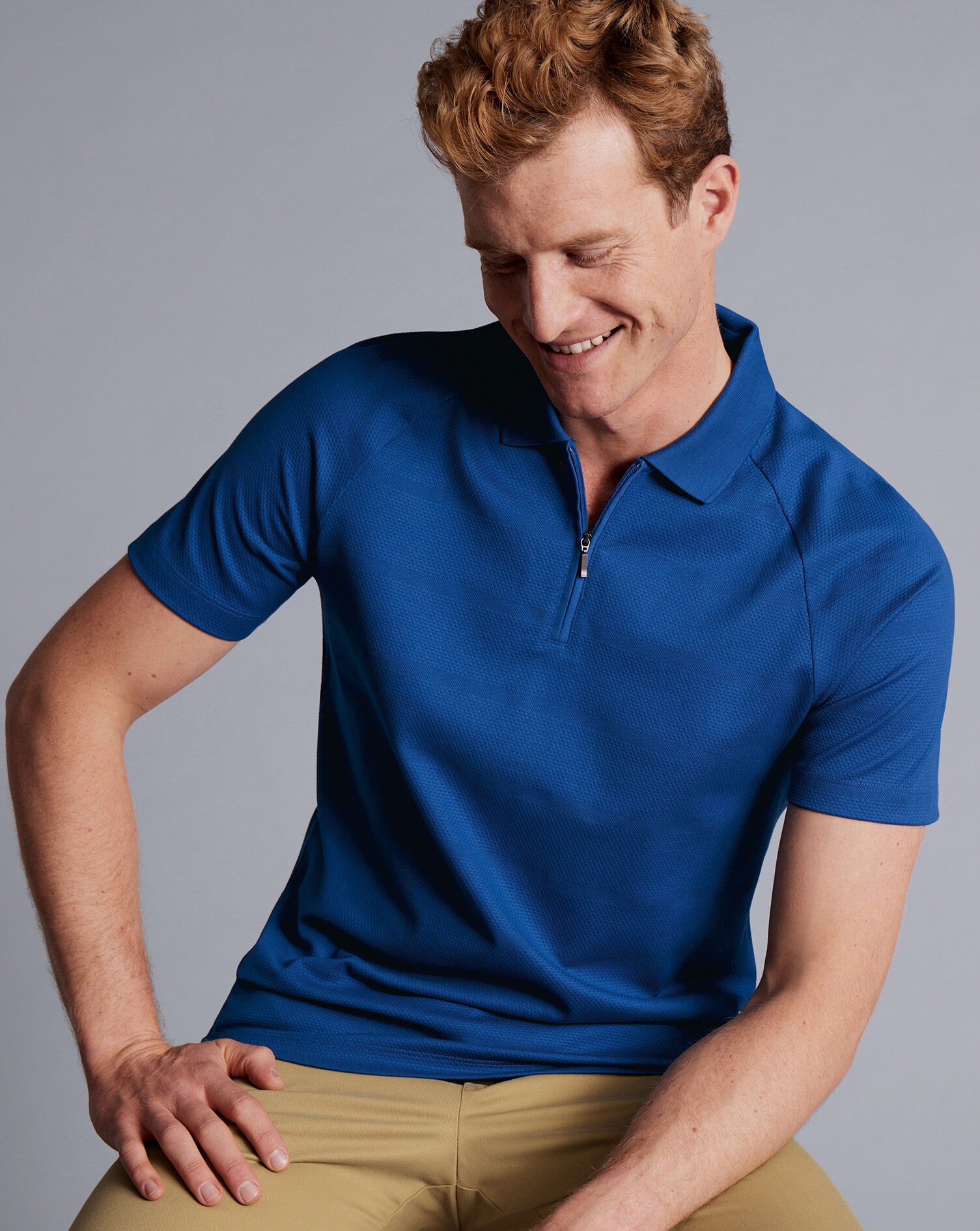 Popcorn Textured Tyrwhitt Cool Zip-Neck Polo - Cobalt Blue