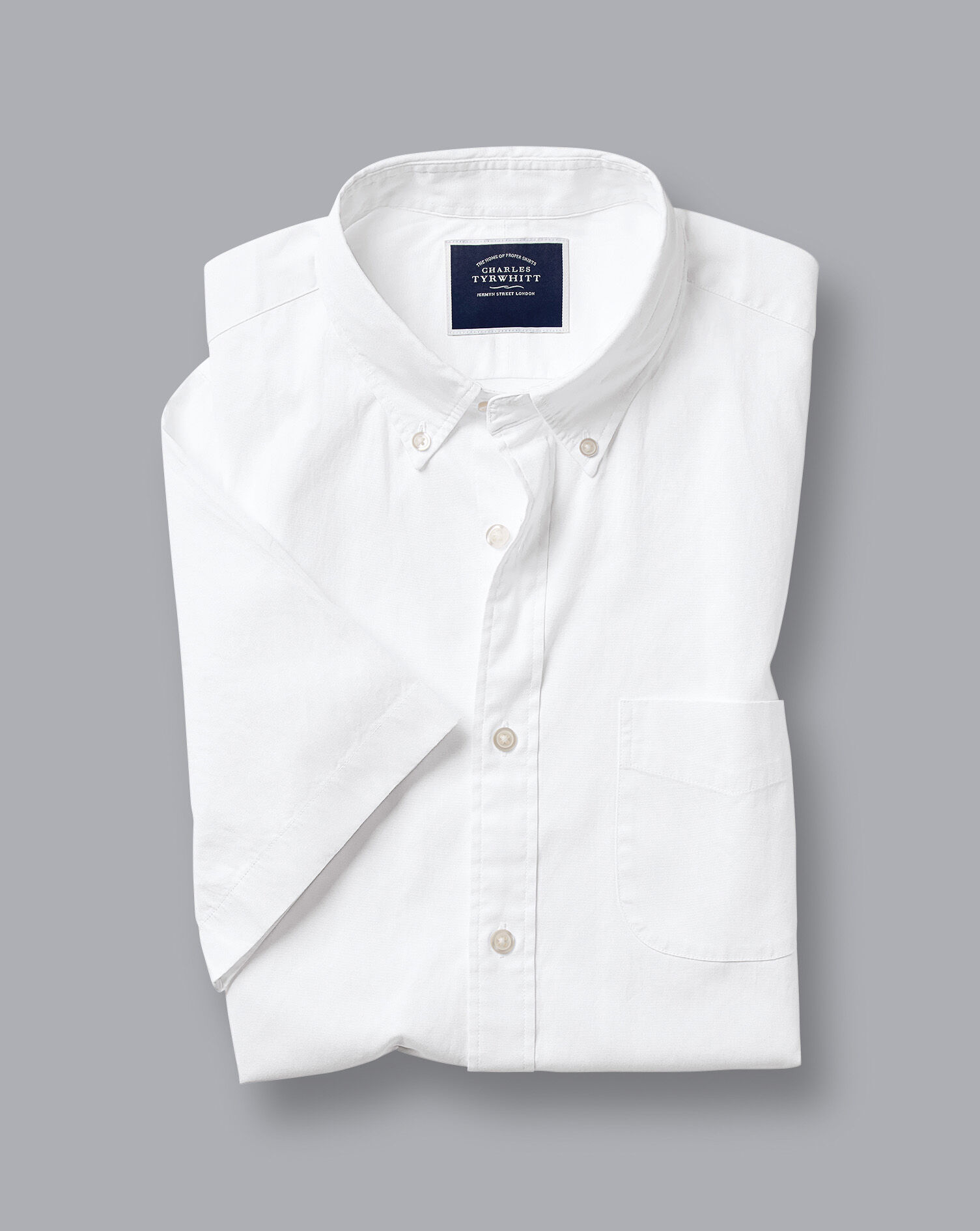 Button-Down Collar Washed Oxford Short Sleeve Shirt - White