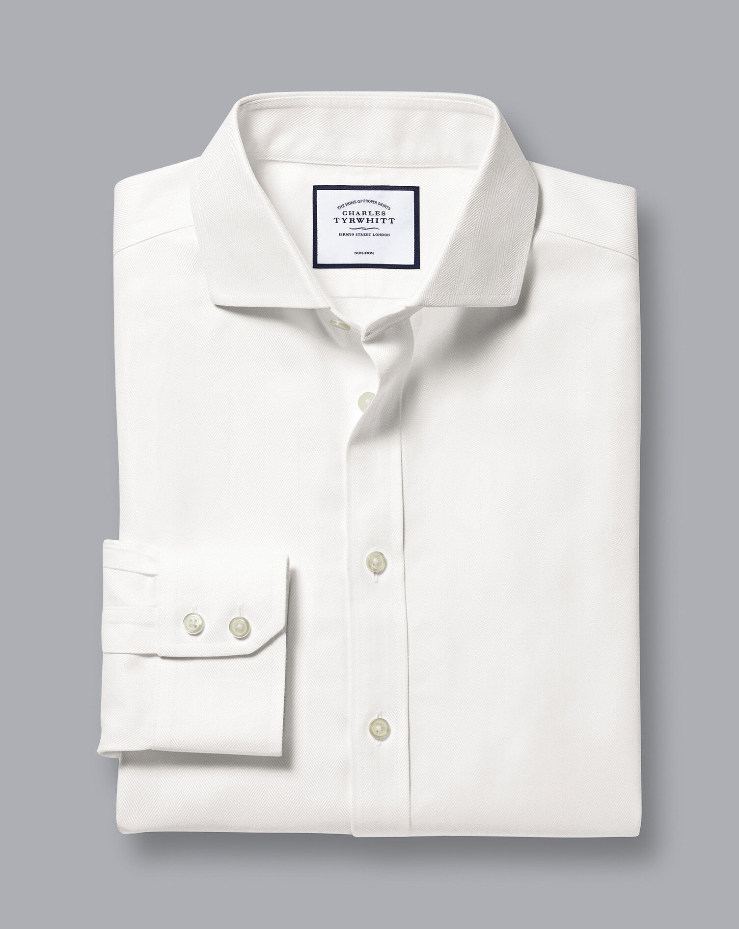 Spread Collar Non-Iron Herringbone Shirt - Ivory White