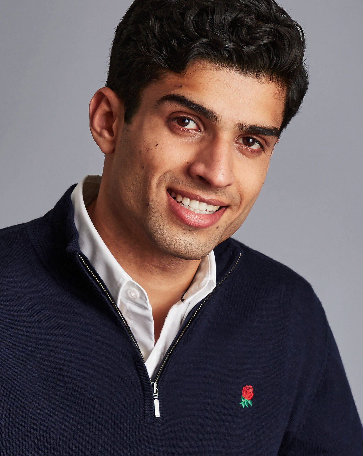 England Rugby Red Rose Merino Zip Neck Sweater  - Navy