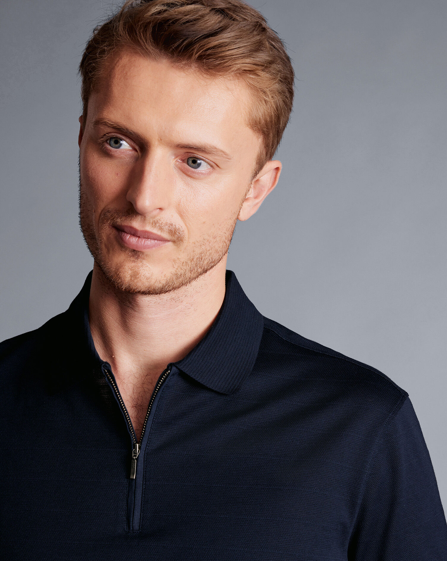 Tyrwhitt Cool Zip-Neck Polo - Dark Navy