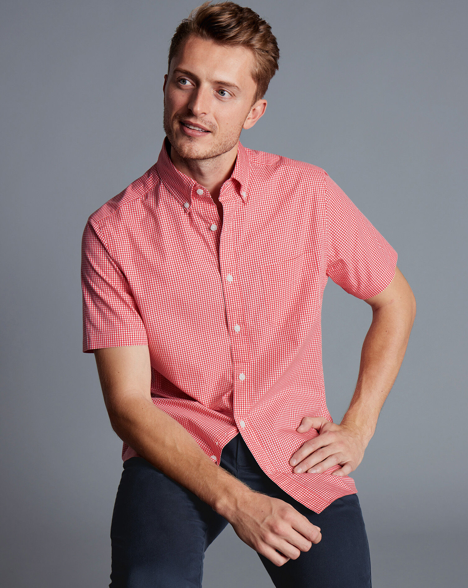 Button-Down Collar Non-Iron Stretch Poplin Mini Gingham Short Sleeve Shirt - Bright Pink