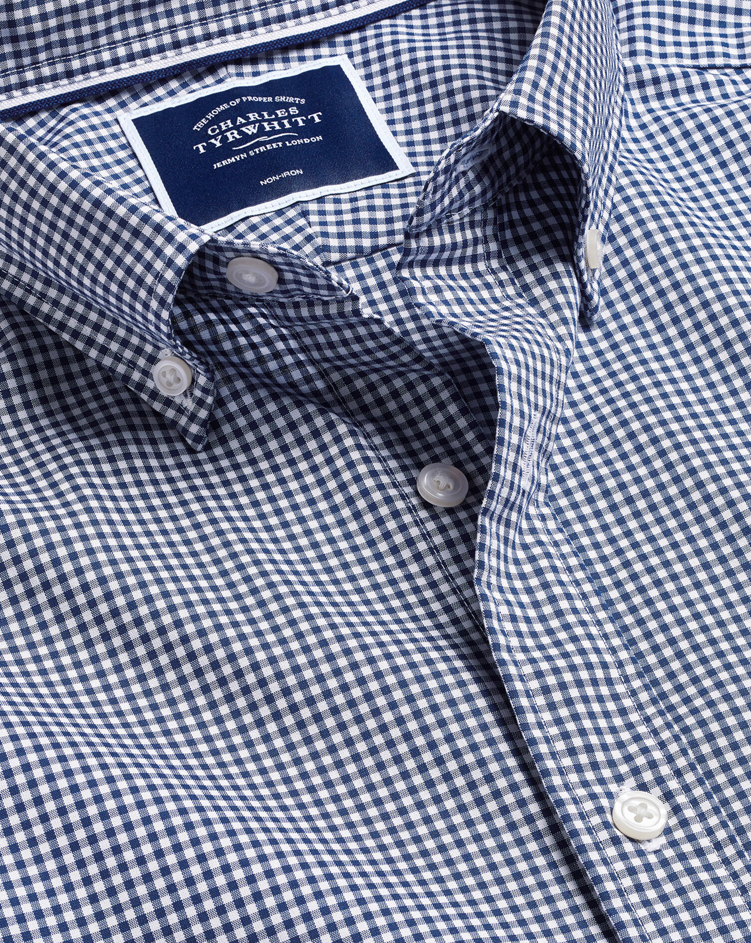 Button-Down Collar Non-Iron Stretch Mini Gingham Short Sleeve Shirt - French Blue