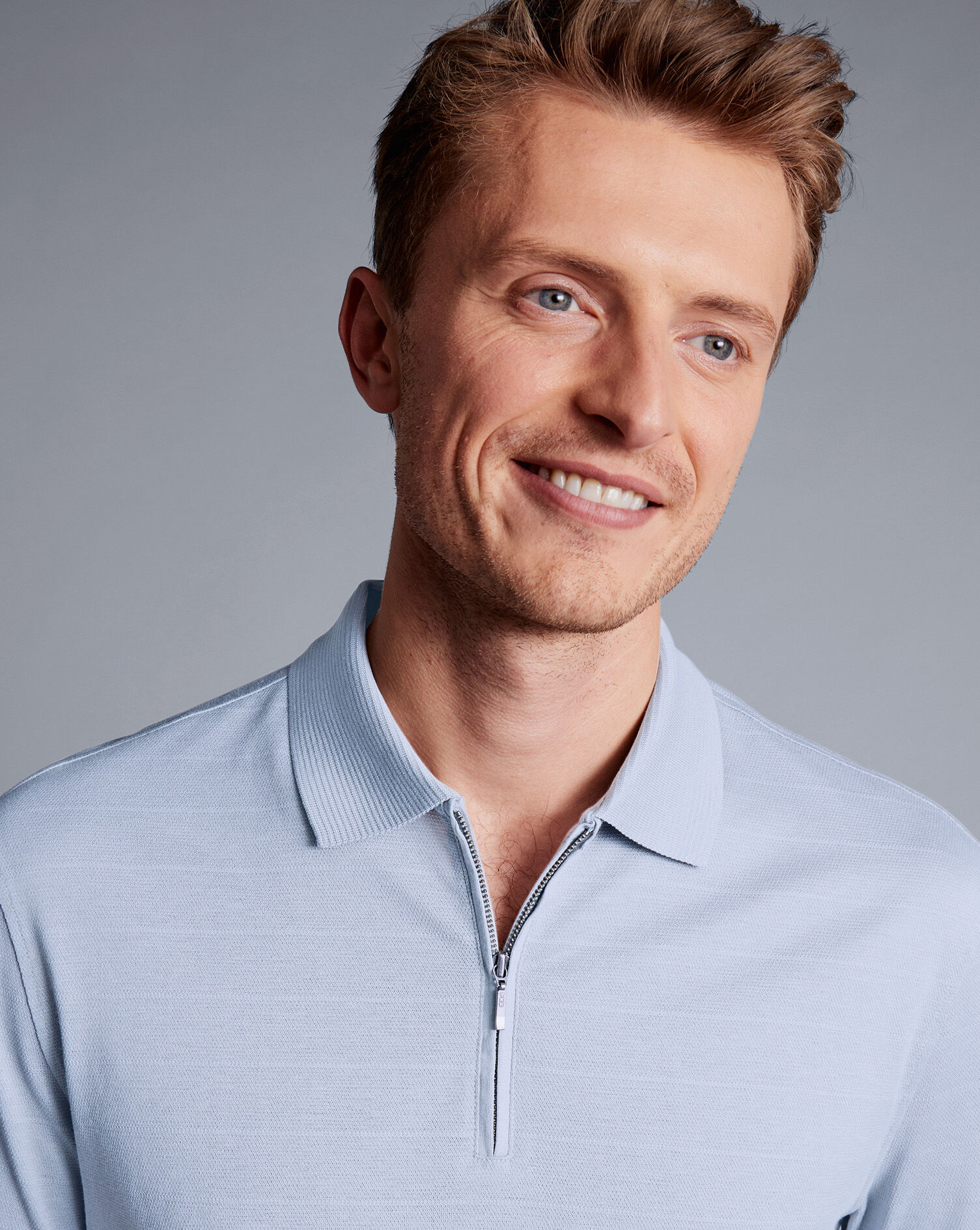 Tyrwhitt Cool Zip-Neck Polo - Light Blue